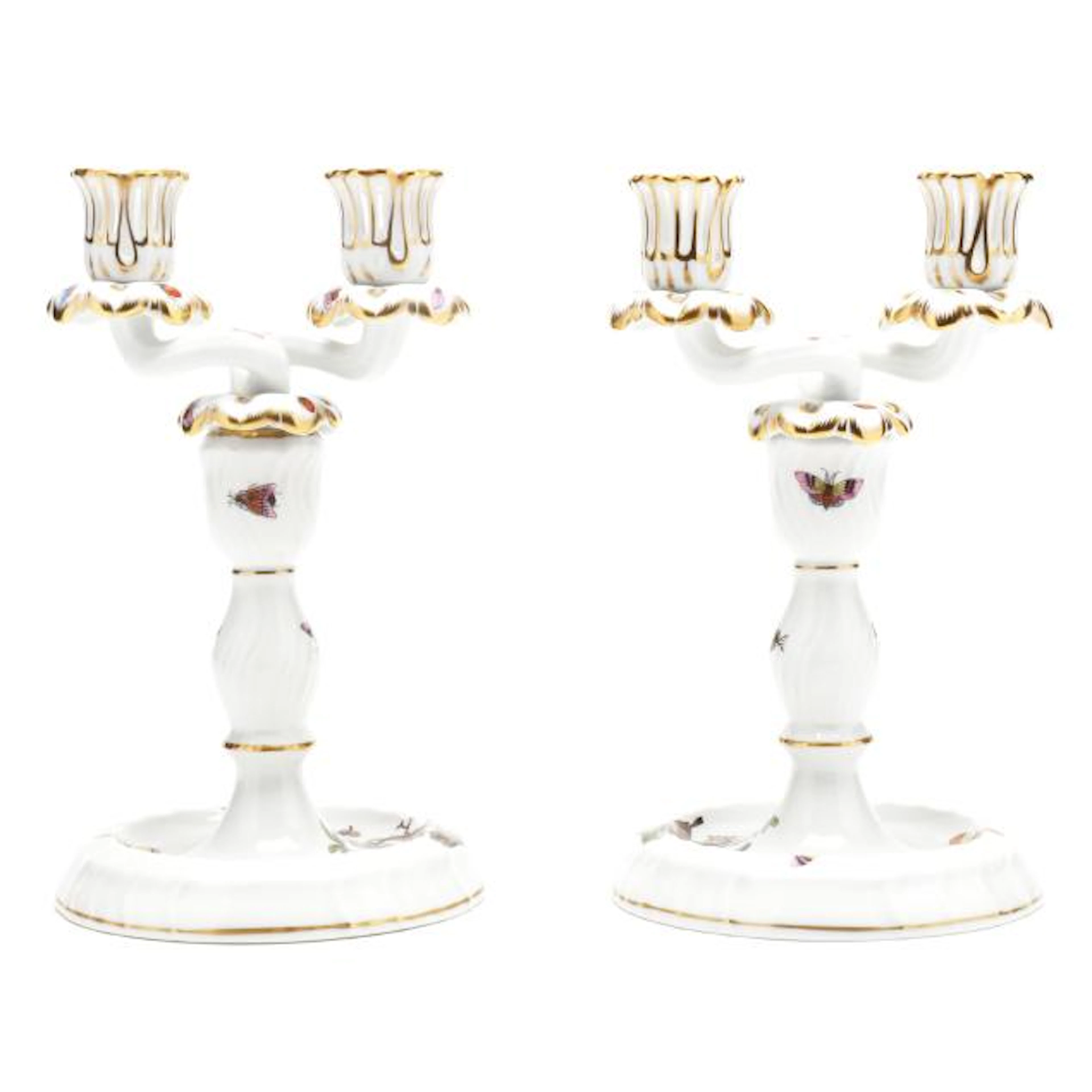 Pair of Herend Rothschild Bird Double Light Candlesticks