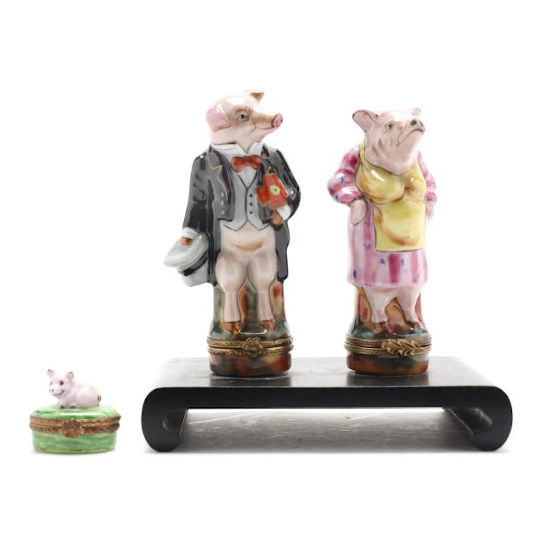 Three Limoges Porcelain Pig Themed Boxes