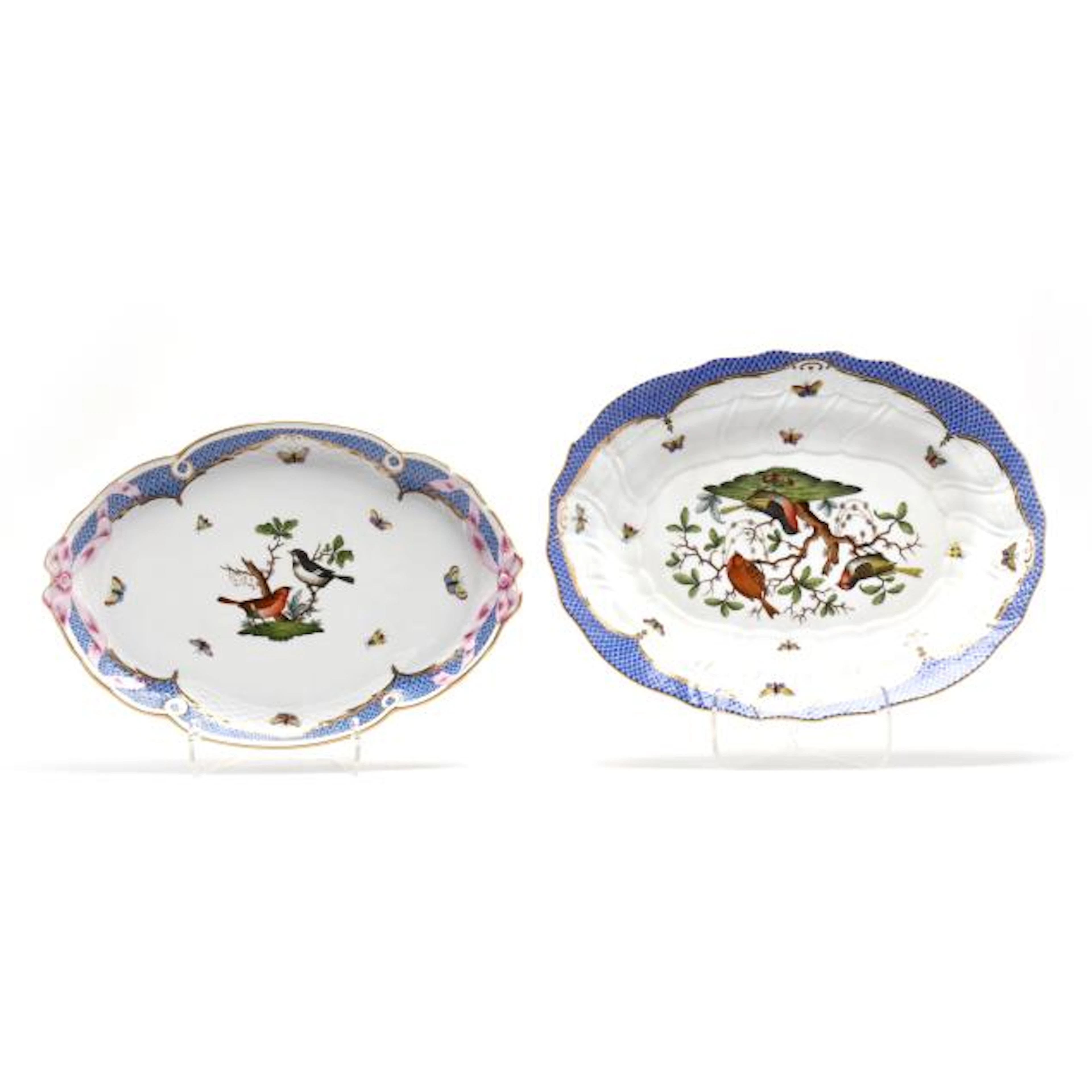 Two Herend Rothschild Bird Blue Border Oval Trays