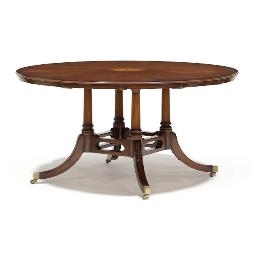 Bevan Funnel, Regency Style Inlaid Mahogany Circular Dining Table with Leaves