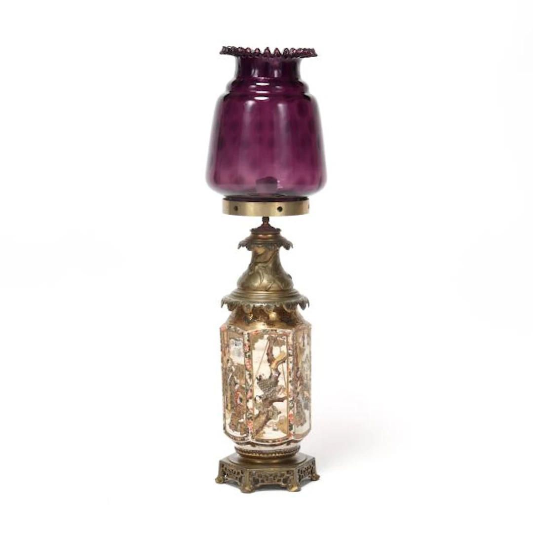 A Satsuma Vase Lamp with Victorian Purple Shade
