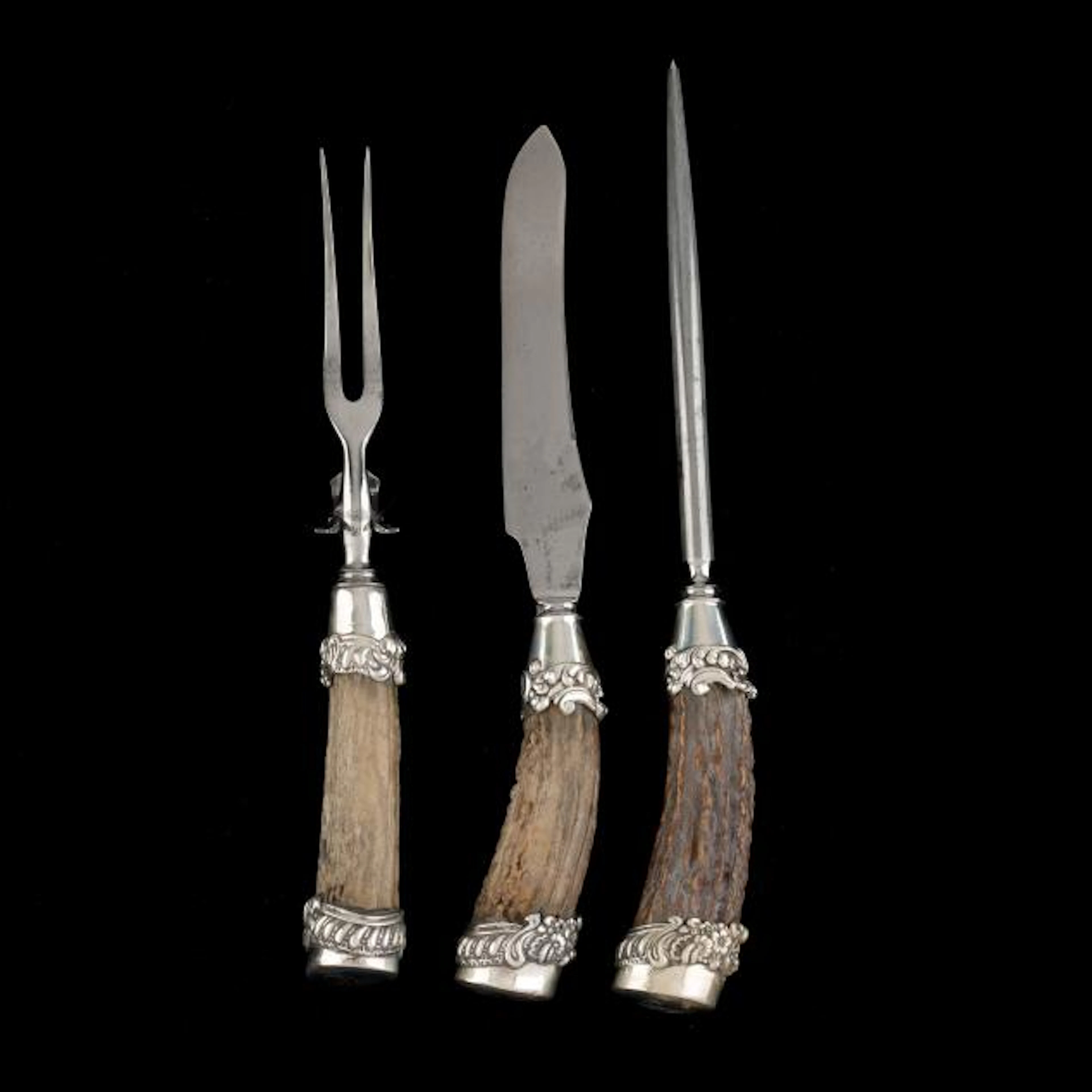 Three Piece Sterling Silver and Stag Handled Carving Set