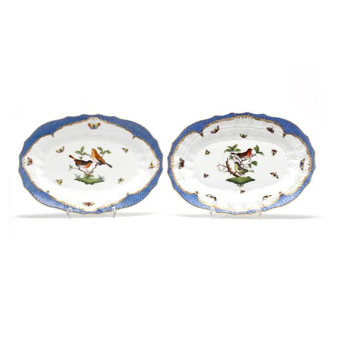 Pair of Herend Rothschild Bird Blue Border Serving Platters