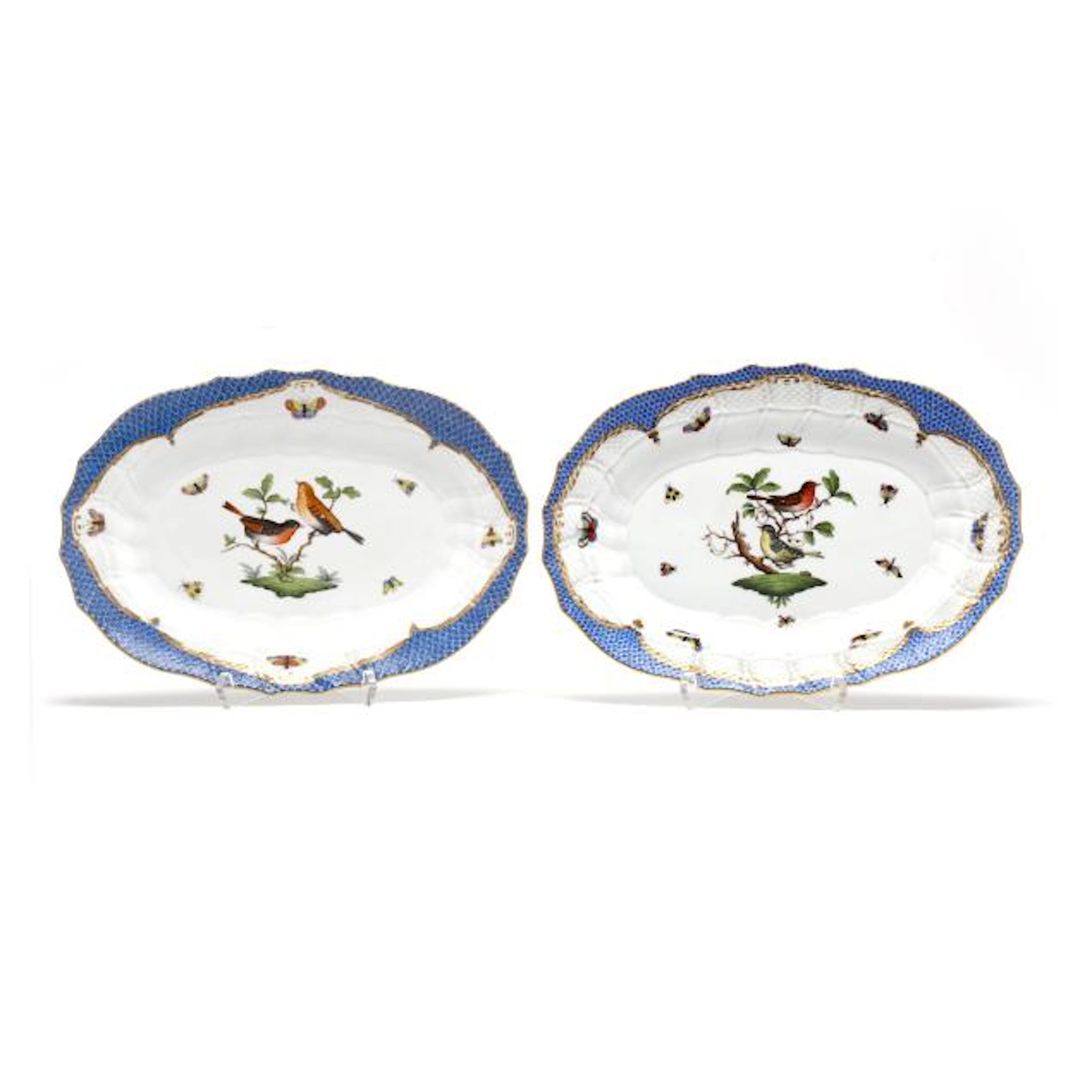 Pair of Herend Rothschild Bird Blue Border Serving Platters