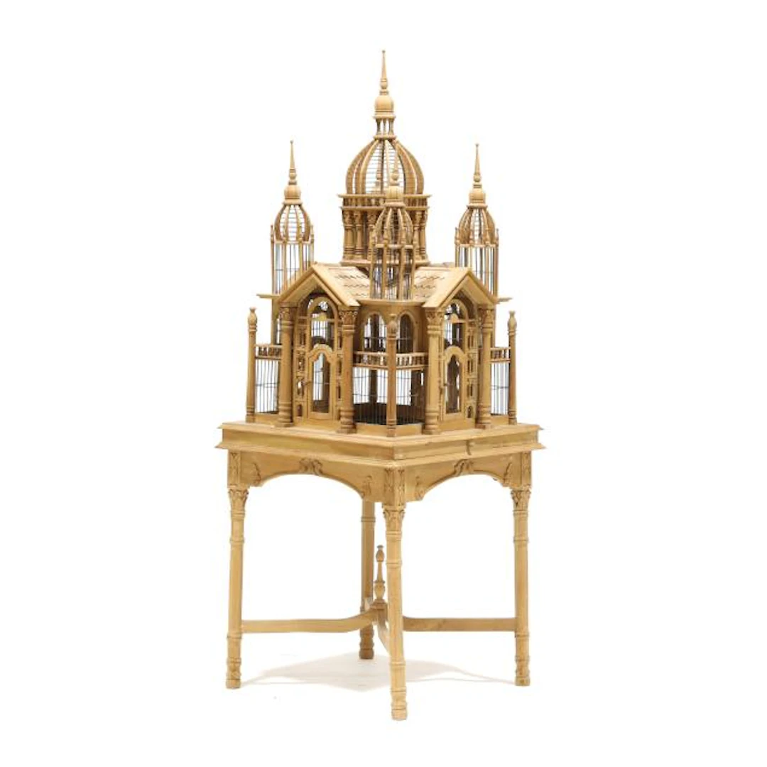 Continental Carved Mahogany Bird Cathedral on Stand