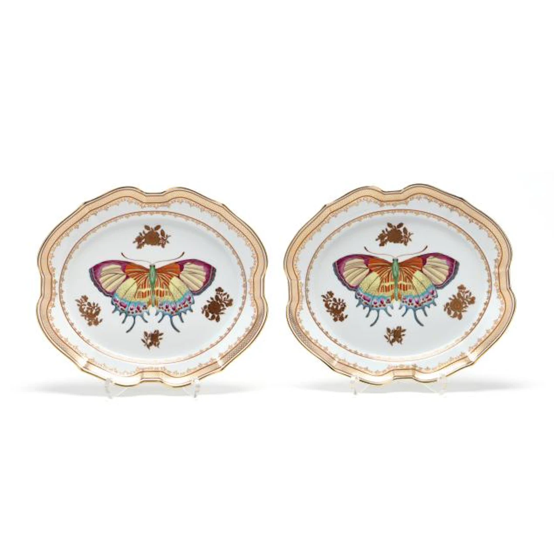 Pair of Mottahedeh Chinese Export Style Platters with Butterfly Imagery