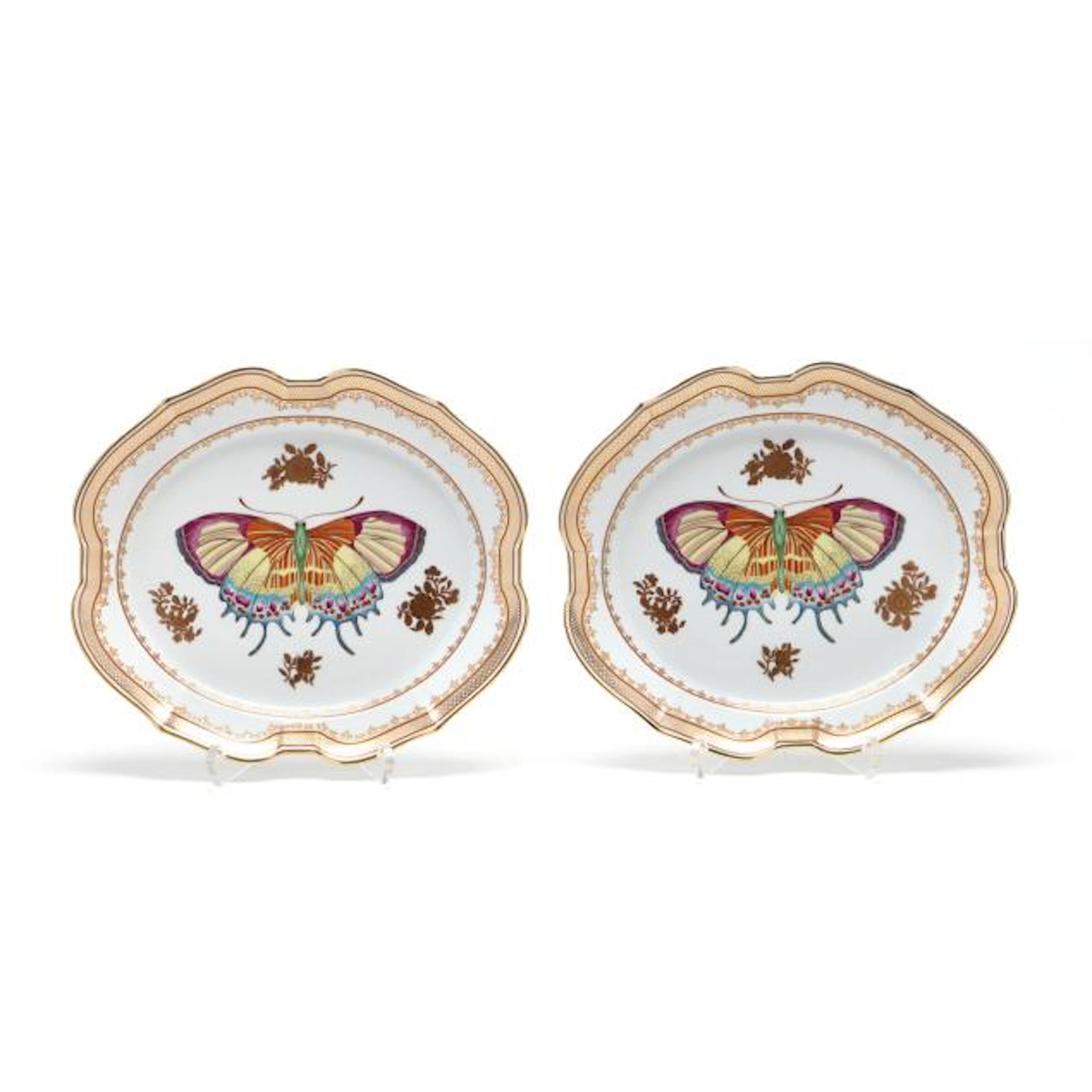Pair of Mottahedeh Chinese Export Style Platters with Butterfly Imagery