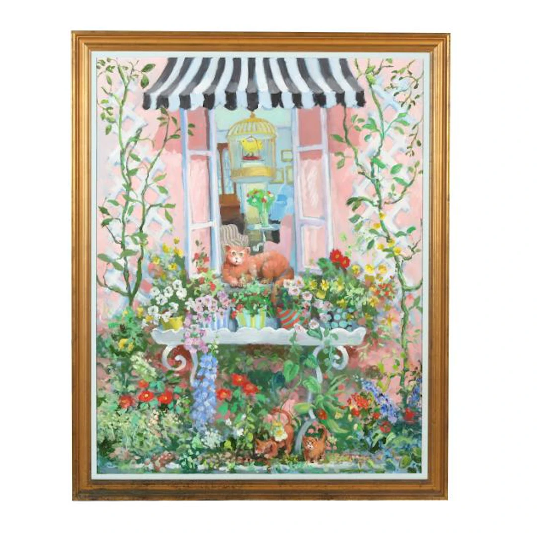 Dan Poole (American, 1942-2023), Cheery Window with Cat and Kittens