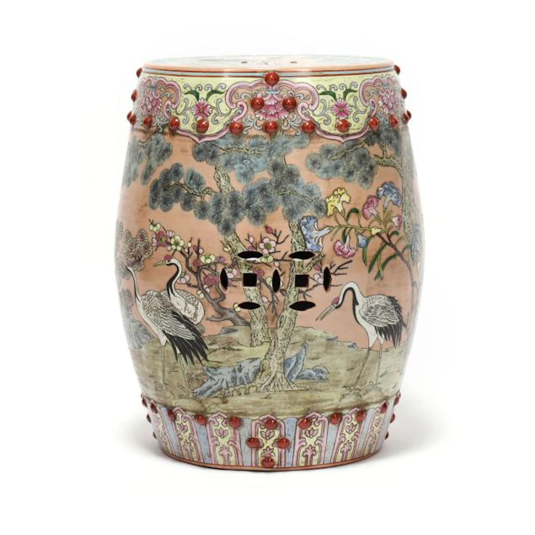 A Chinese Peach Ground Famille Rose Garden Stool