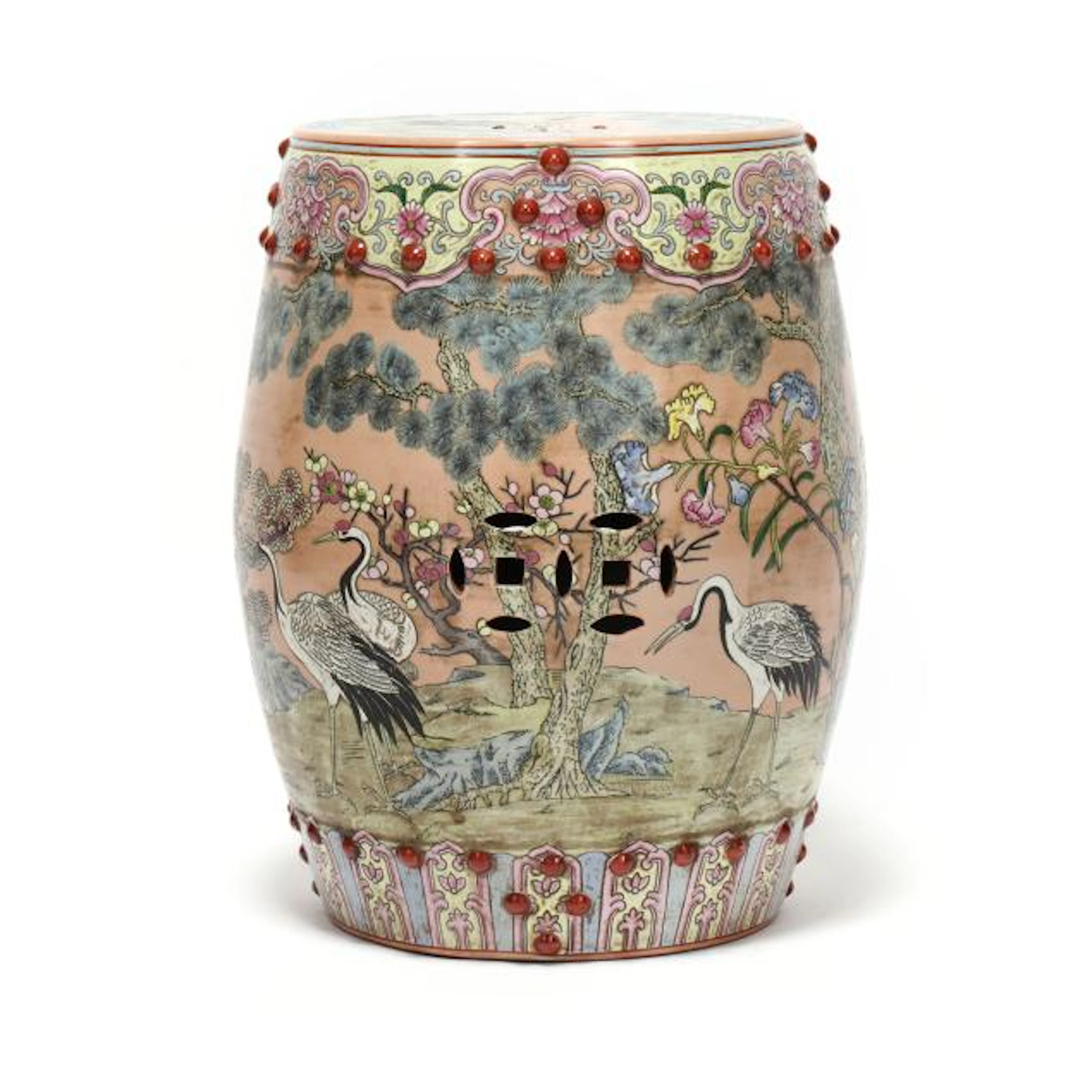 A Chinese Peach Ground Famille Rose Garden Stool