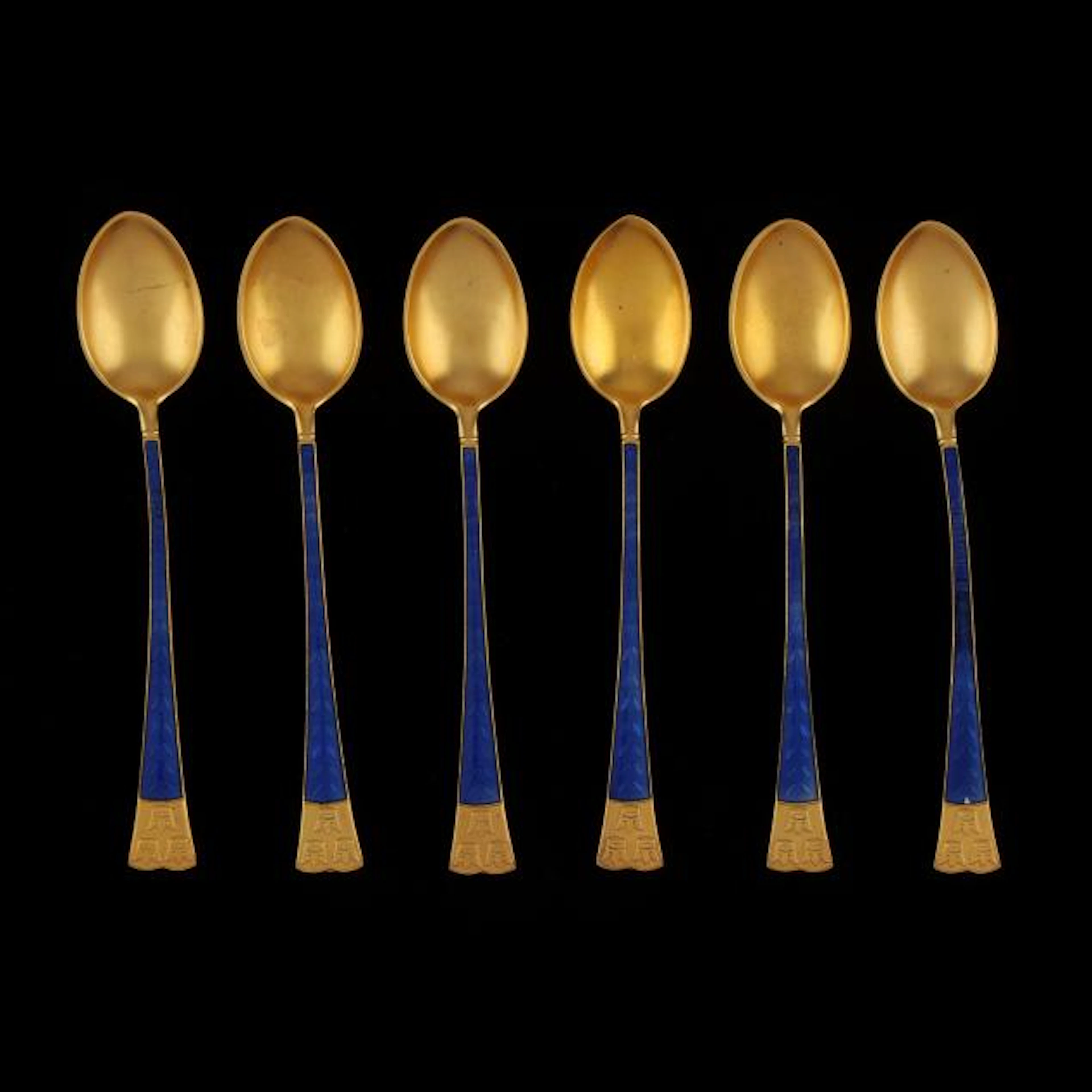 Set of Six Swedish Gilt and Enameled Spoons