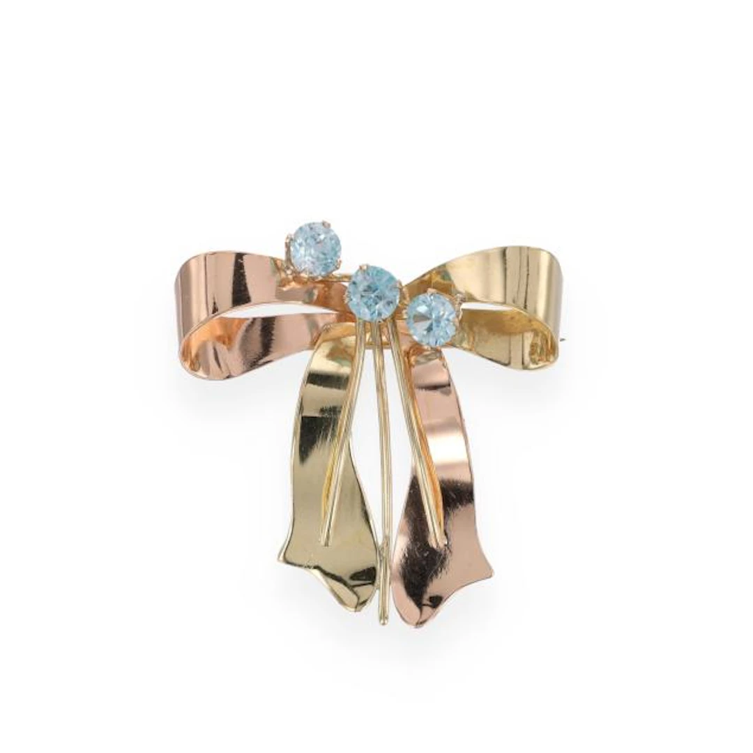 Retro Bi-Color Gold and Blue Zircon Ribbon Motif Brooch