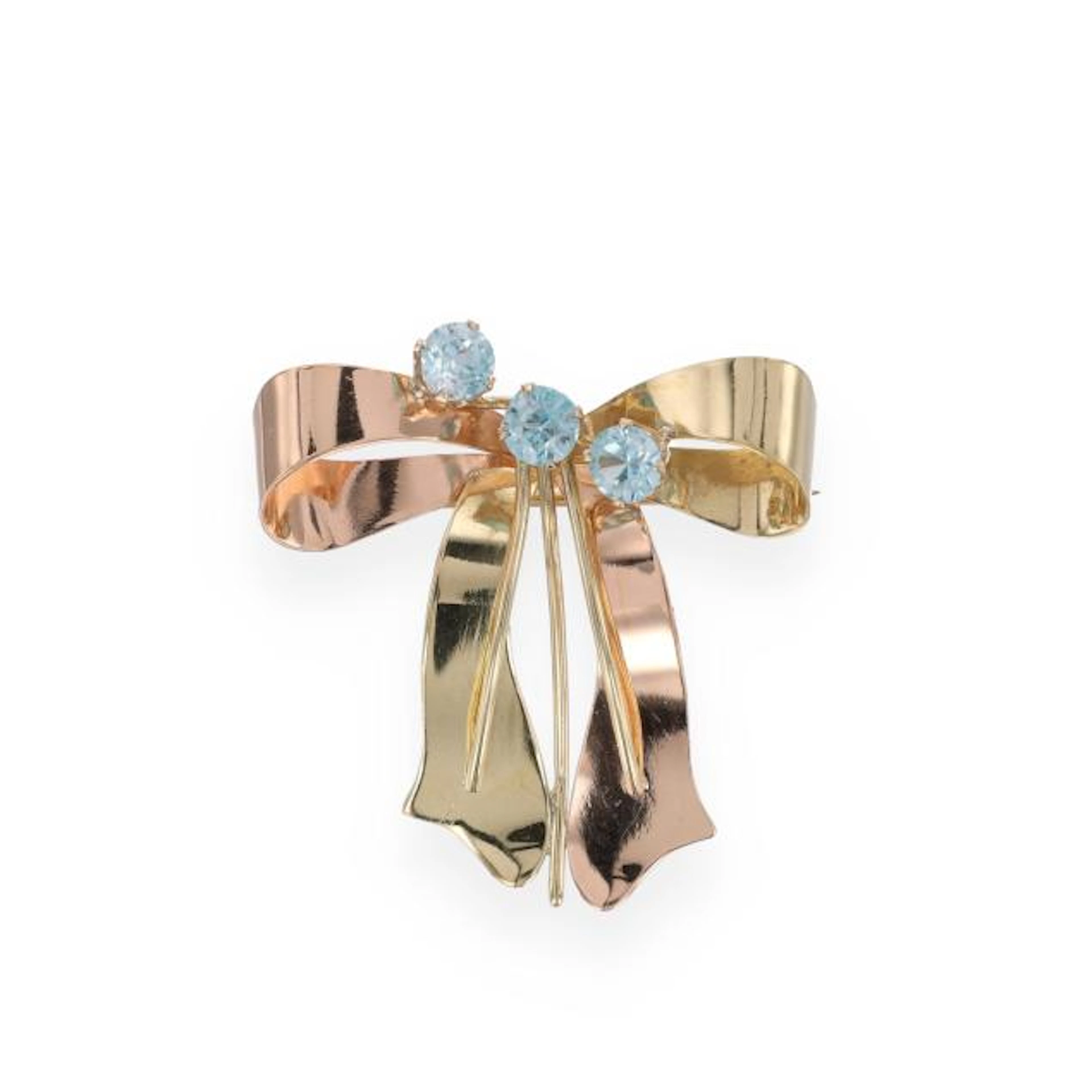 Retro Bi-Color Gold and Blue Zircon Ribbon Motif Brooch