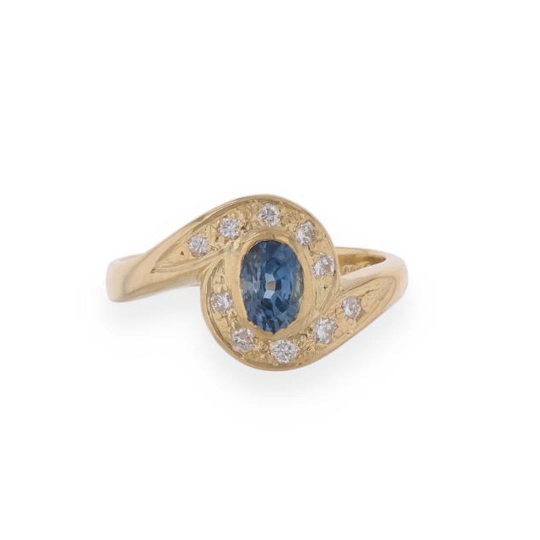 Gold, Sapphire, and Diamond Swirl Ring