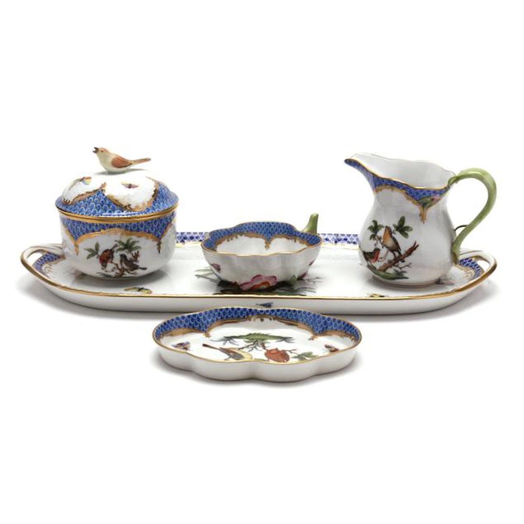 An Assortment of Five Herend Rothschild Bird Blue Border Tableware Items