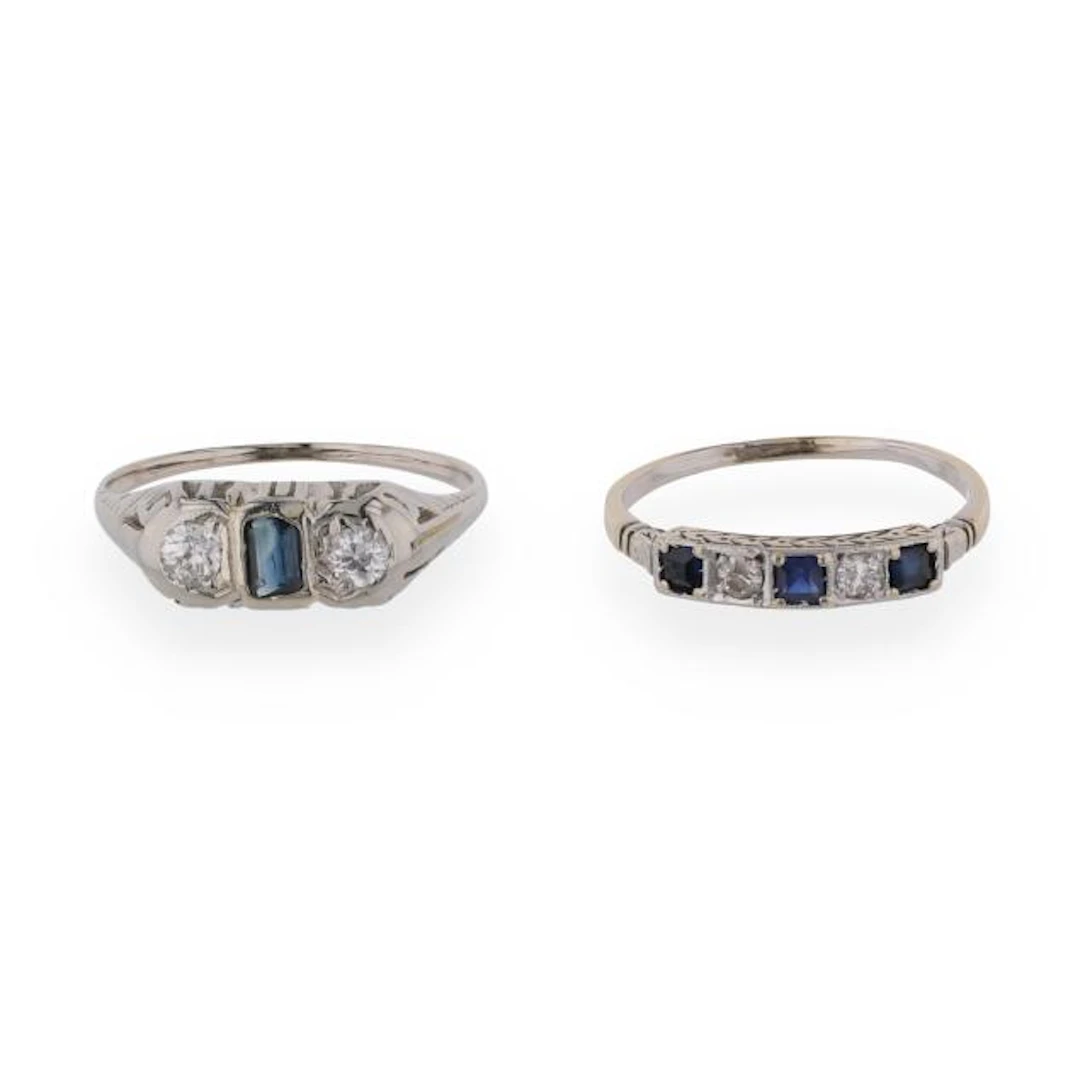 Two Vintage White Gold, Diamond, and Sapphire Rings