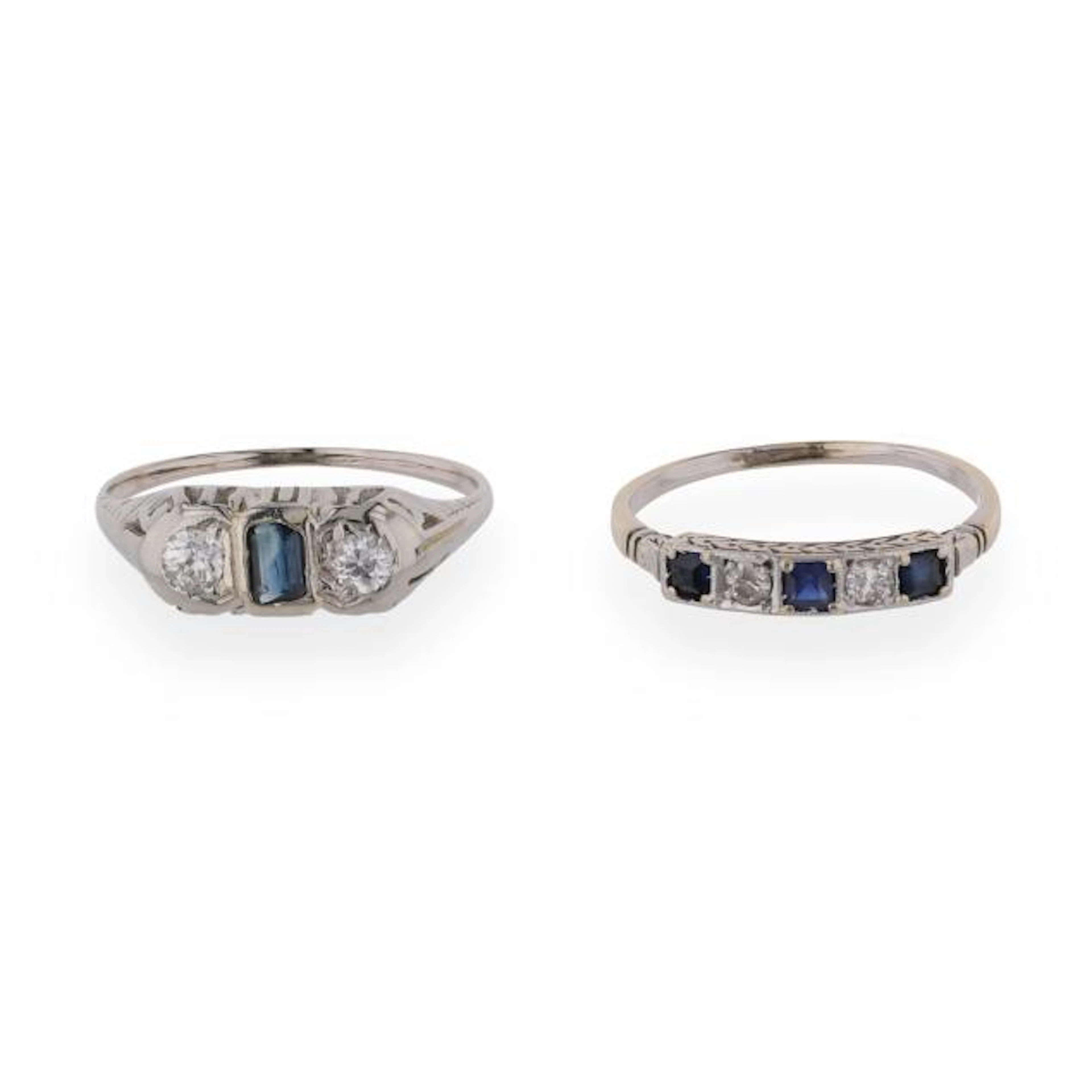 Two Vintage White Gold, Diamond, and Sapphire Rings
