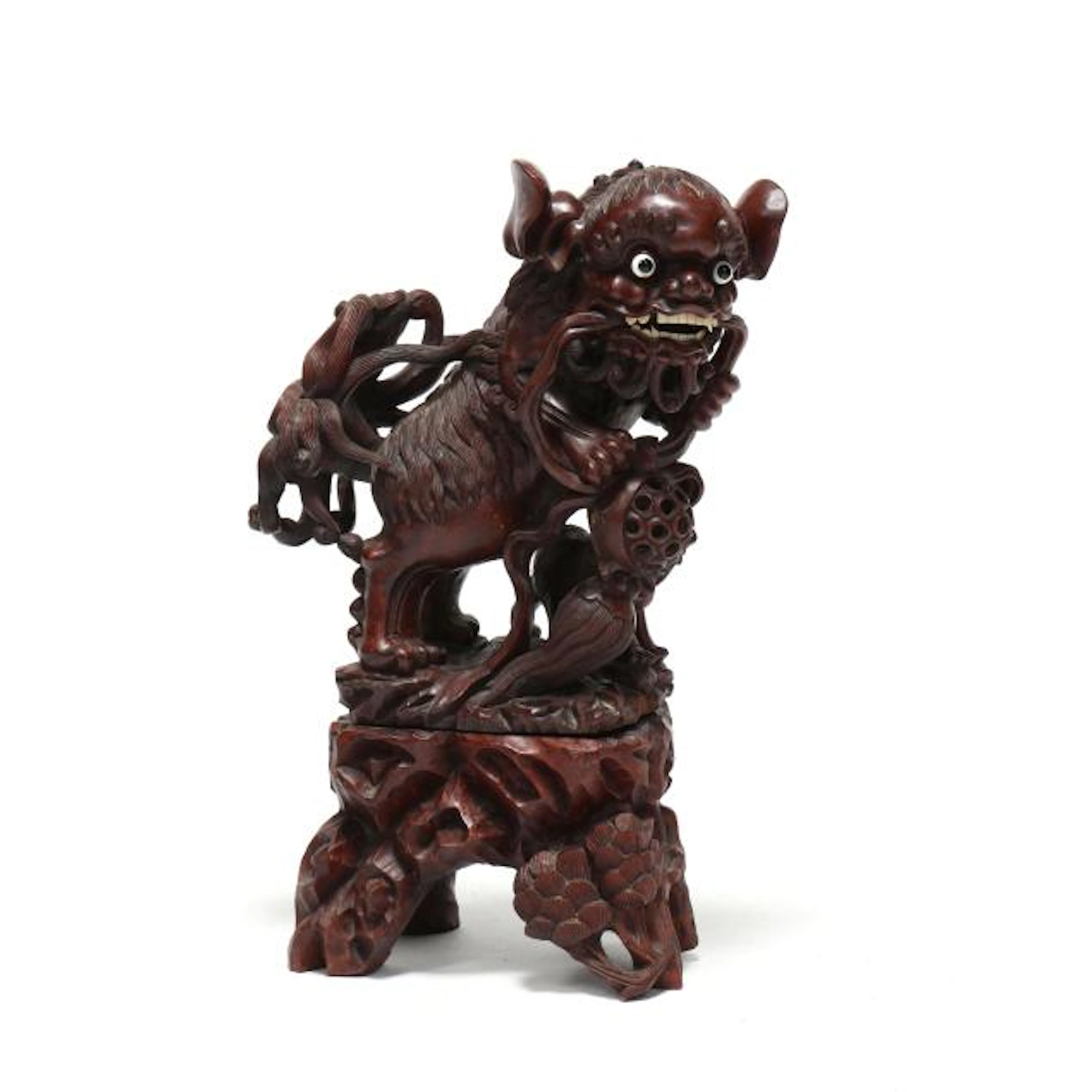 Chinese Carved Hardwood Foo Dog on Stand