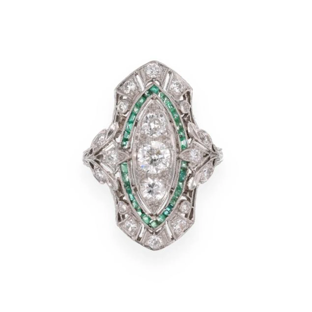 Vintage Platinum, Diamond, and Emerald Ring
