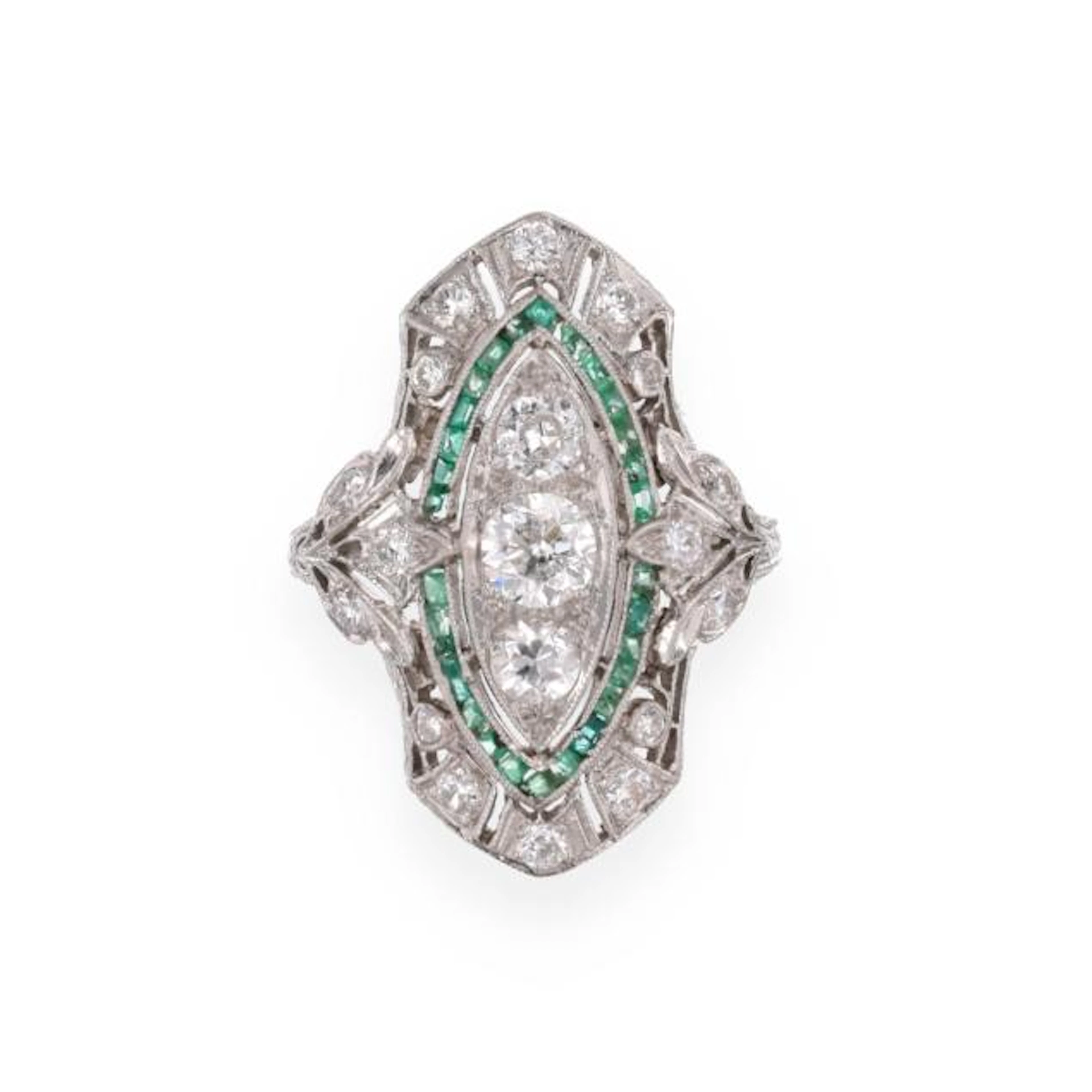 Vintage Platinum, Diamond, and Emerald Ring