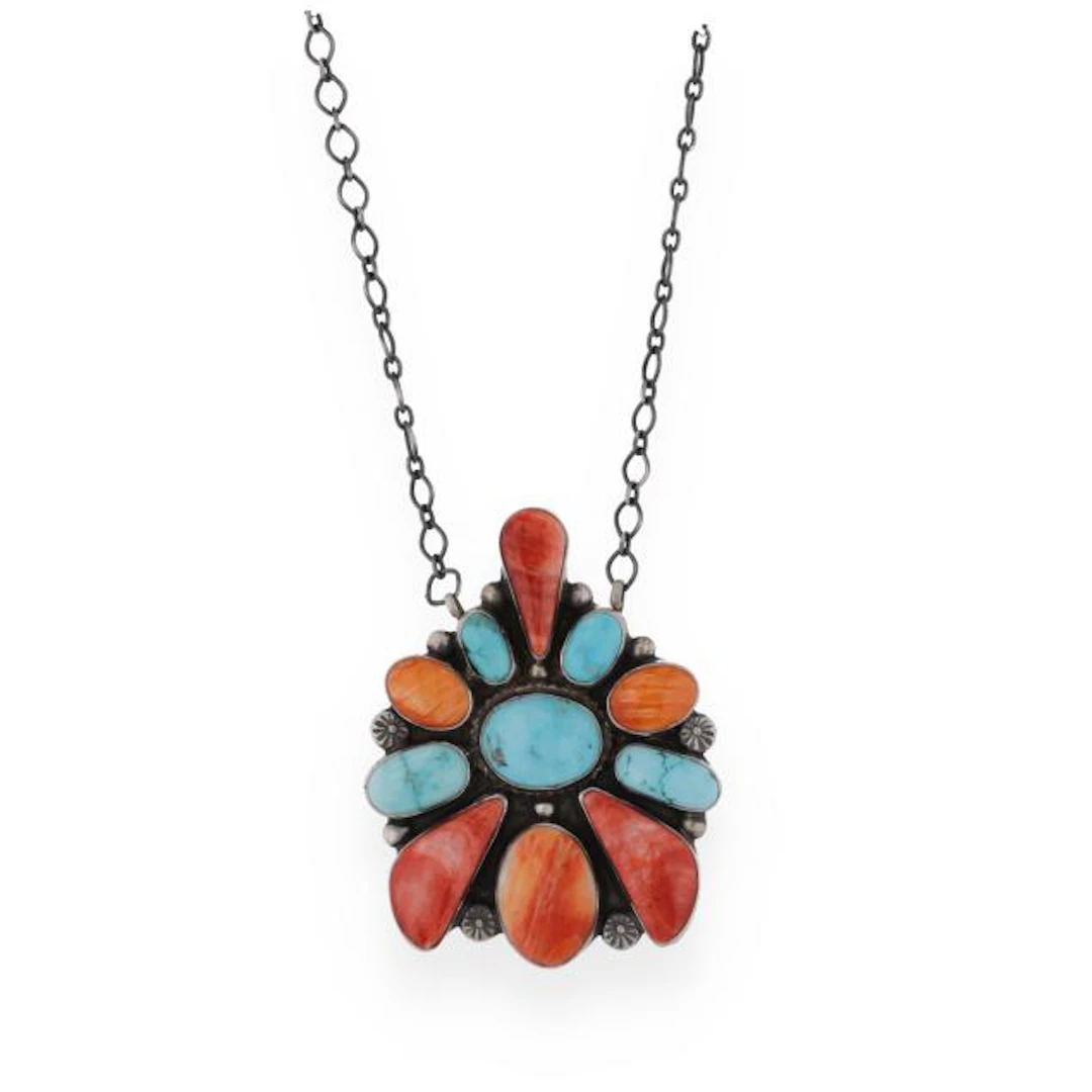 Silver, Turquoise, and Shell Cluster Pendant, Travis Jim