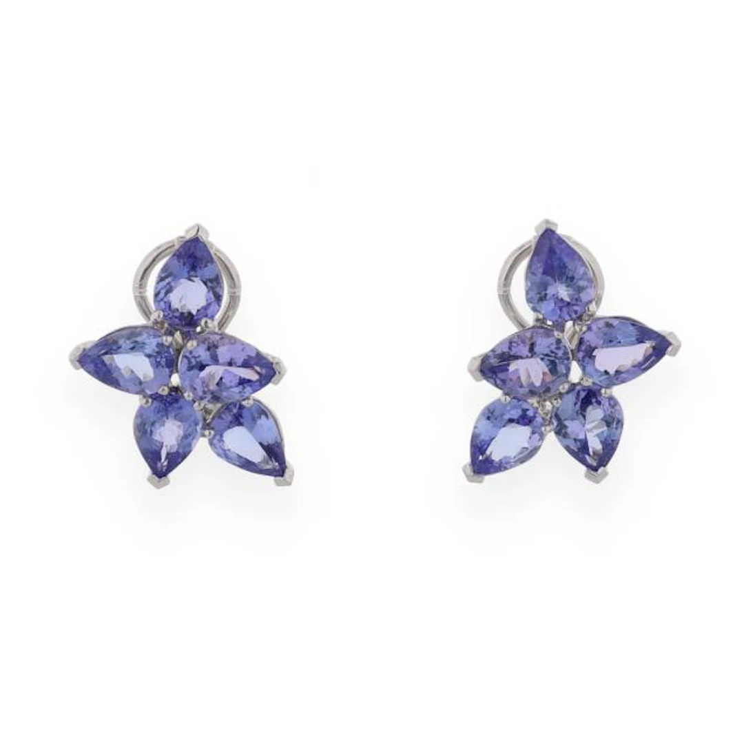 White Gold and Tanzanite Flower Motif Earrings