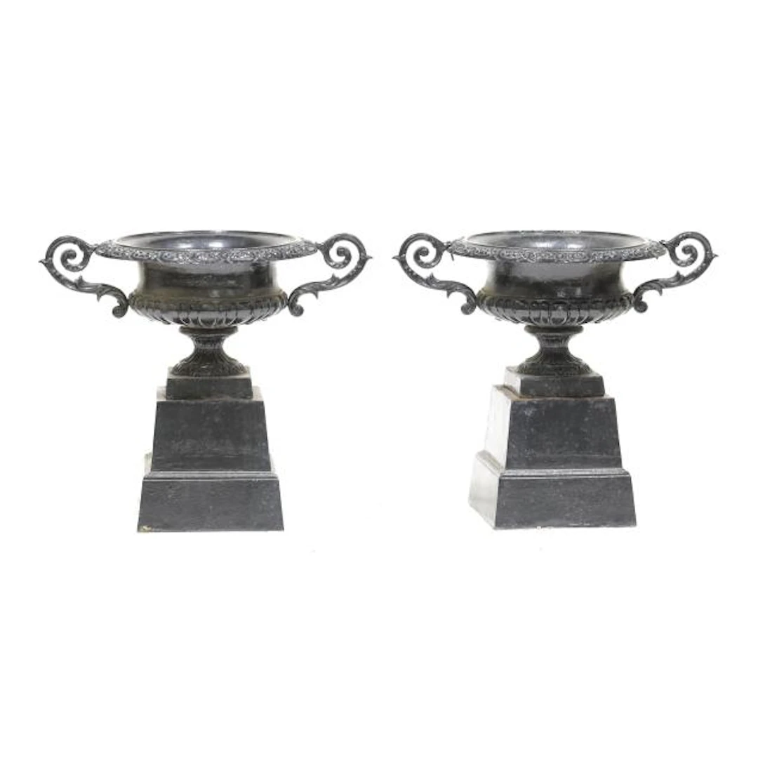 Pair of Classical Style Cast Iron Urns on Stands