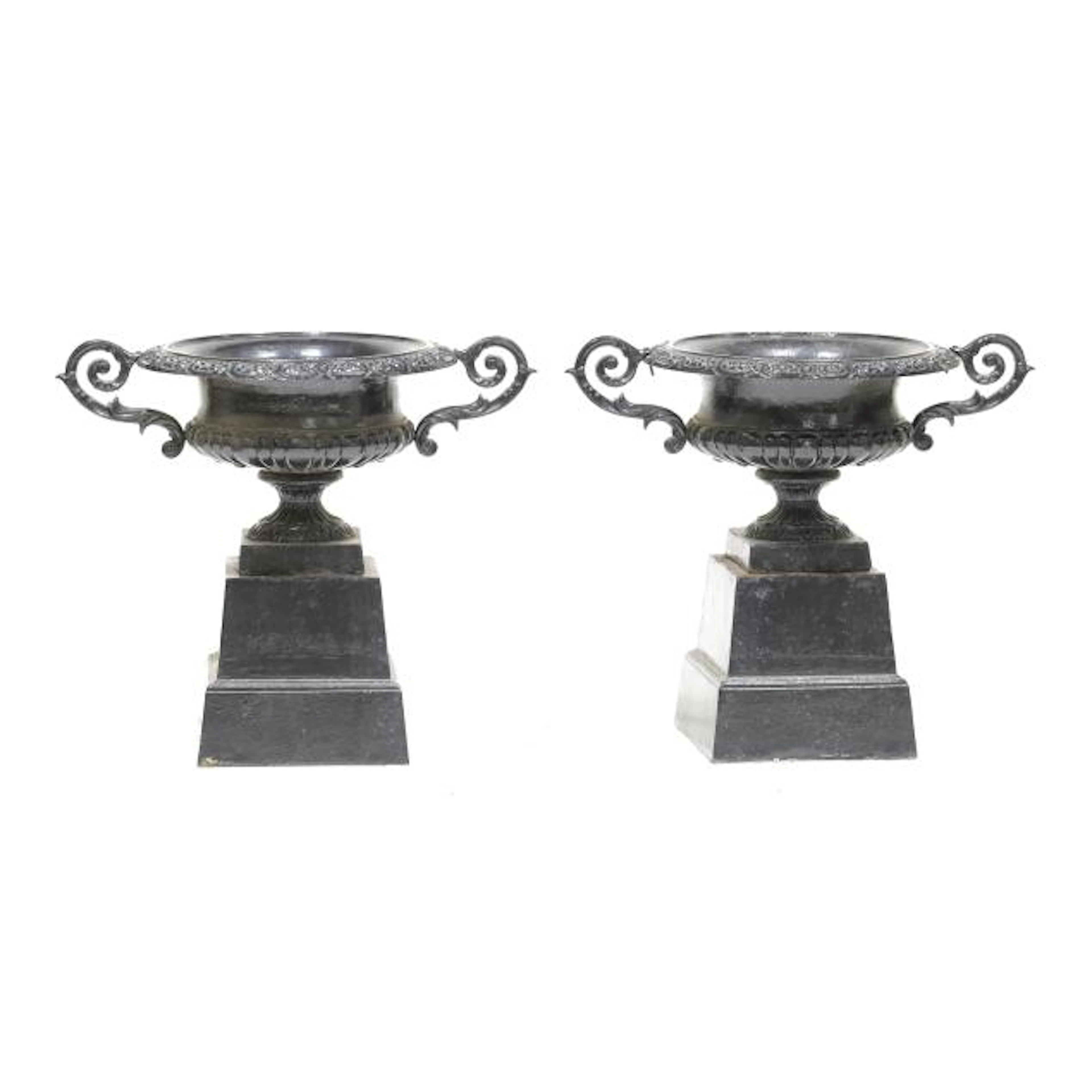 Pair of Classical Style Cast Iron Urns on Stands