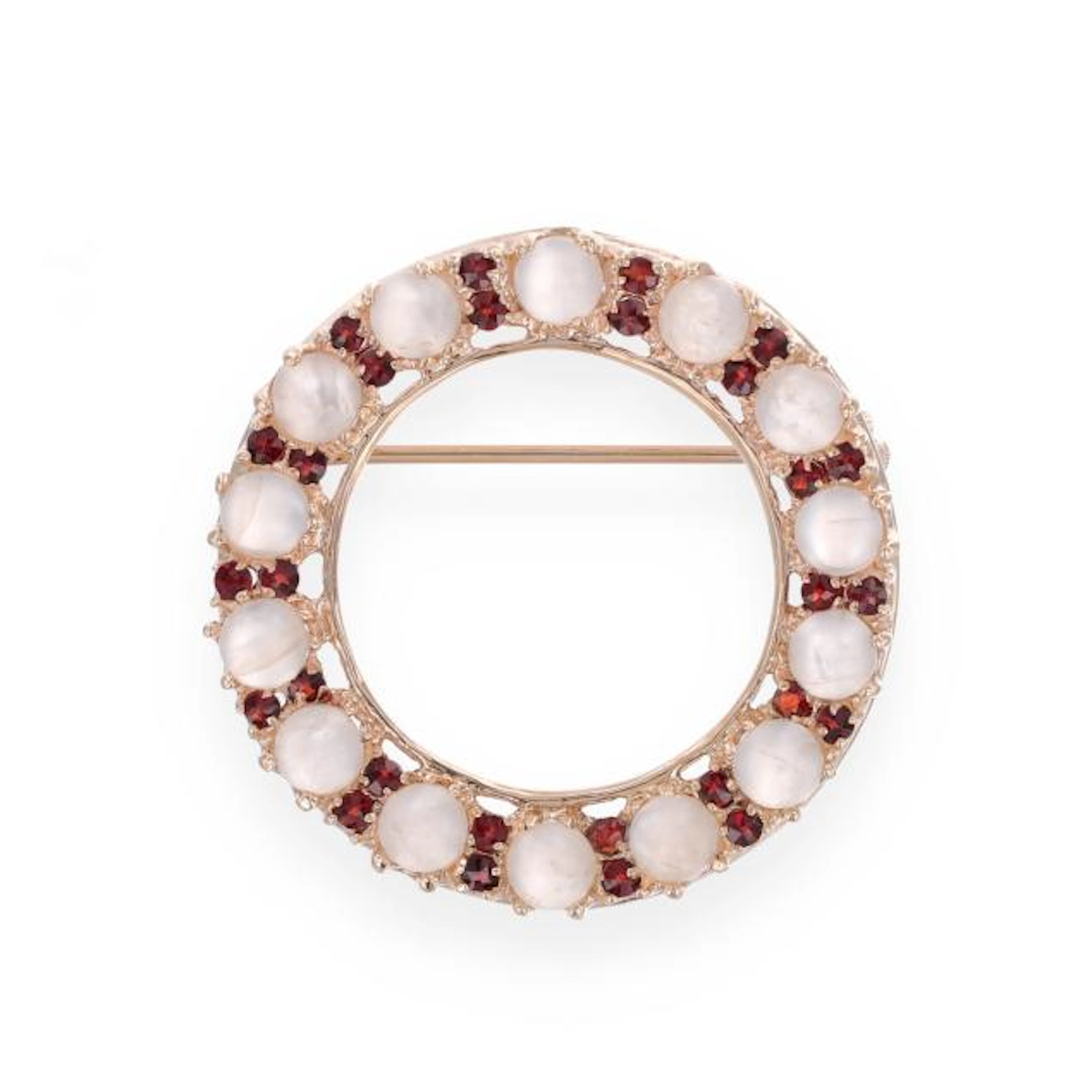 Gold, Moonstone, and Garnet Wreath Brooch