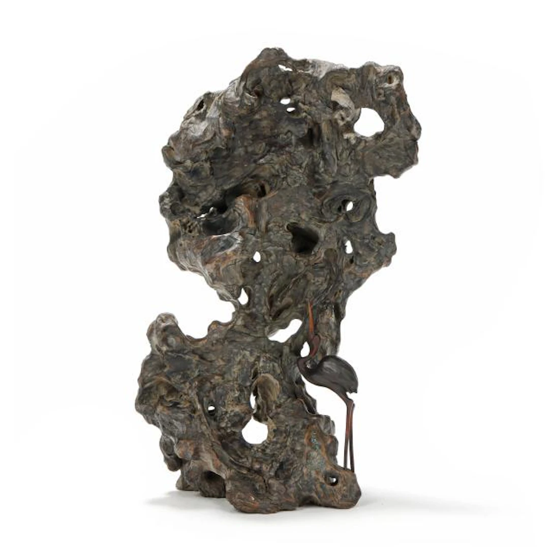 A Chinese Rootwood Carved Scholar's Rock with Egret