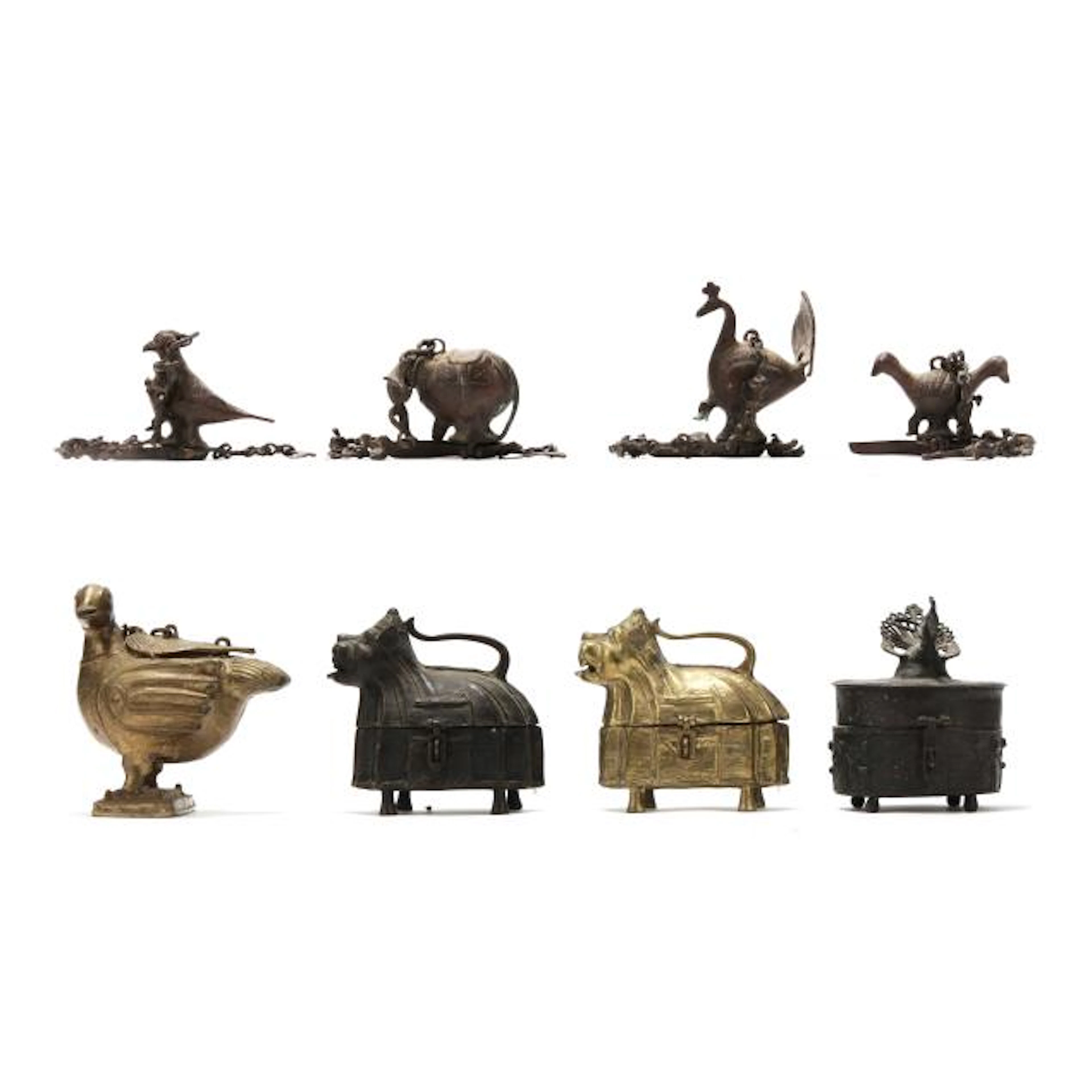 Eight Indian Copper Alloy Lighting and Storage Boxes