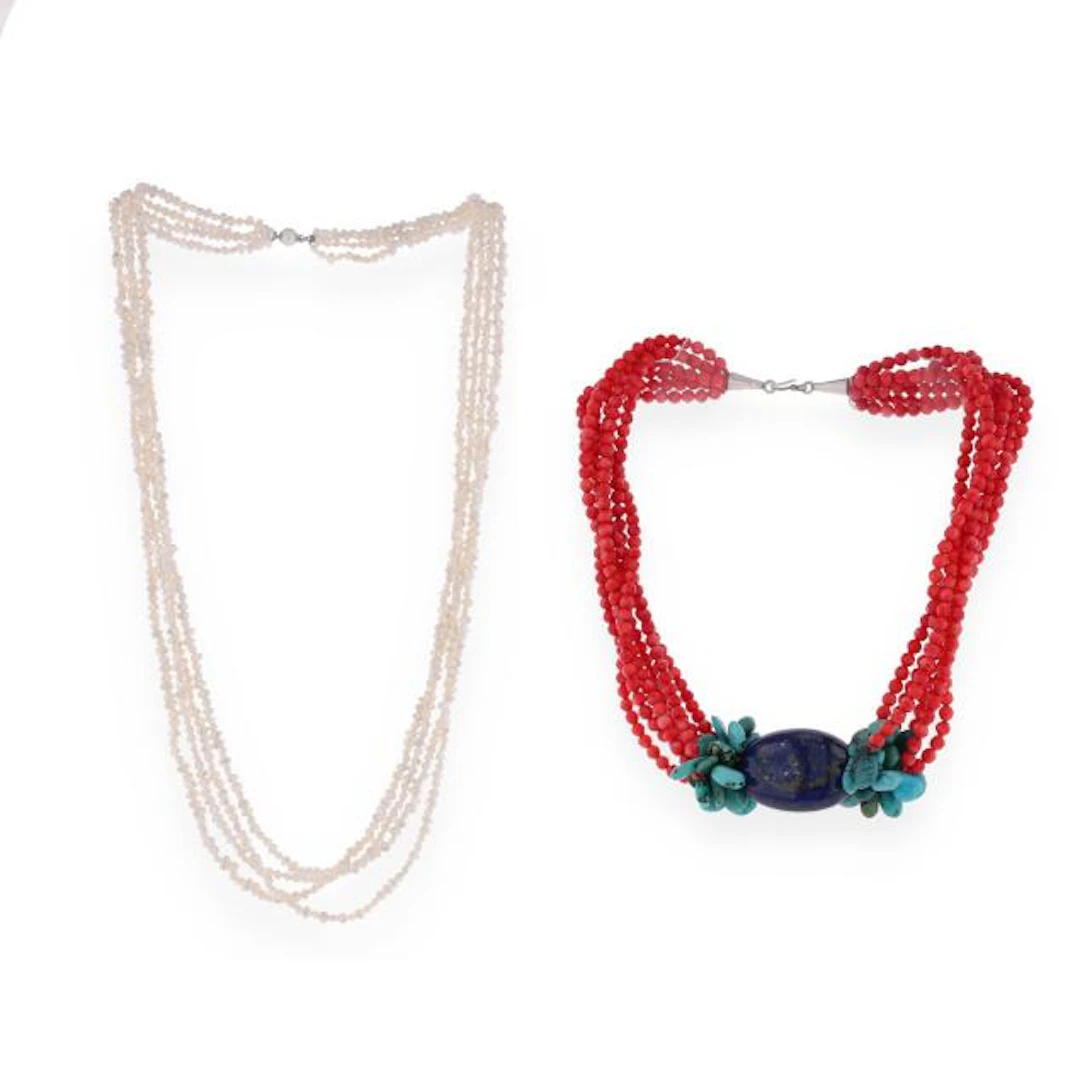 Two Gem-Set and Multi-Strand Necklaces with Silver Clasps