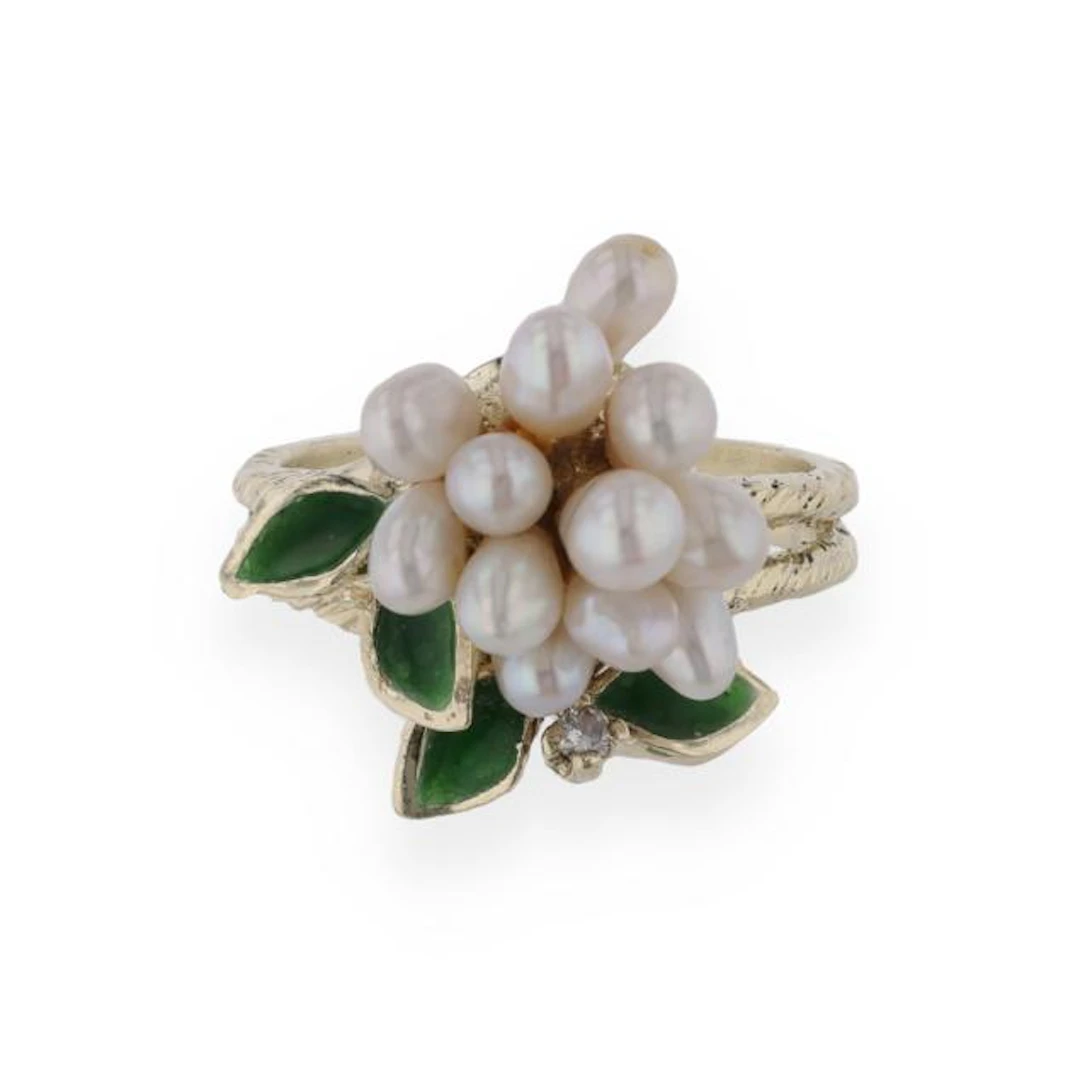 Gold, Pearl, and Enamel Floral Motif Ring
