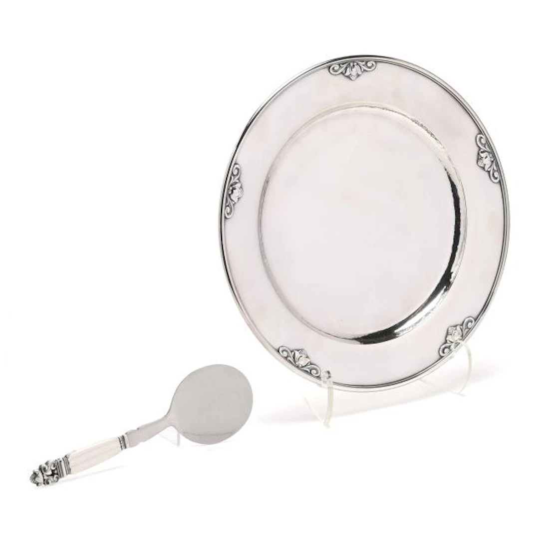 Georg Jensen Acorn Sterling Silver Serving Platter and Pastry Server