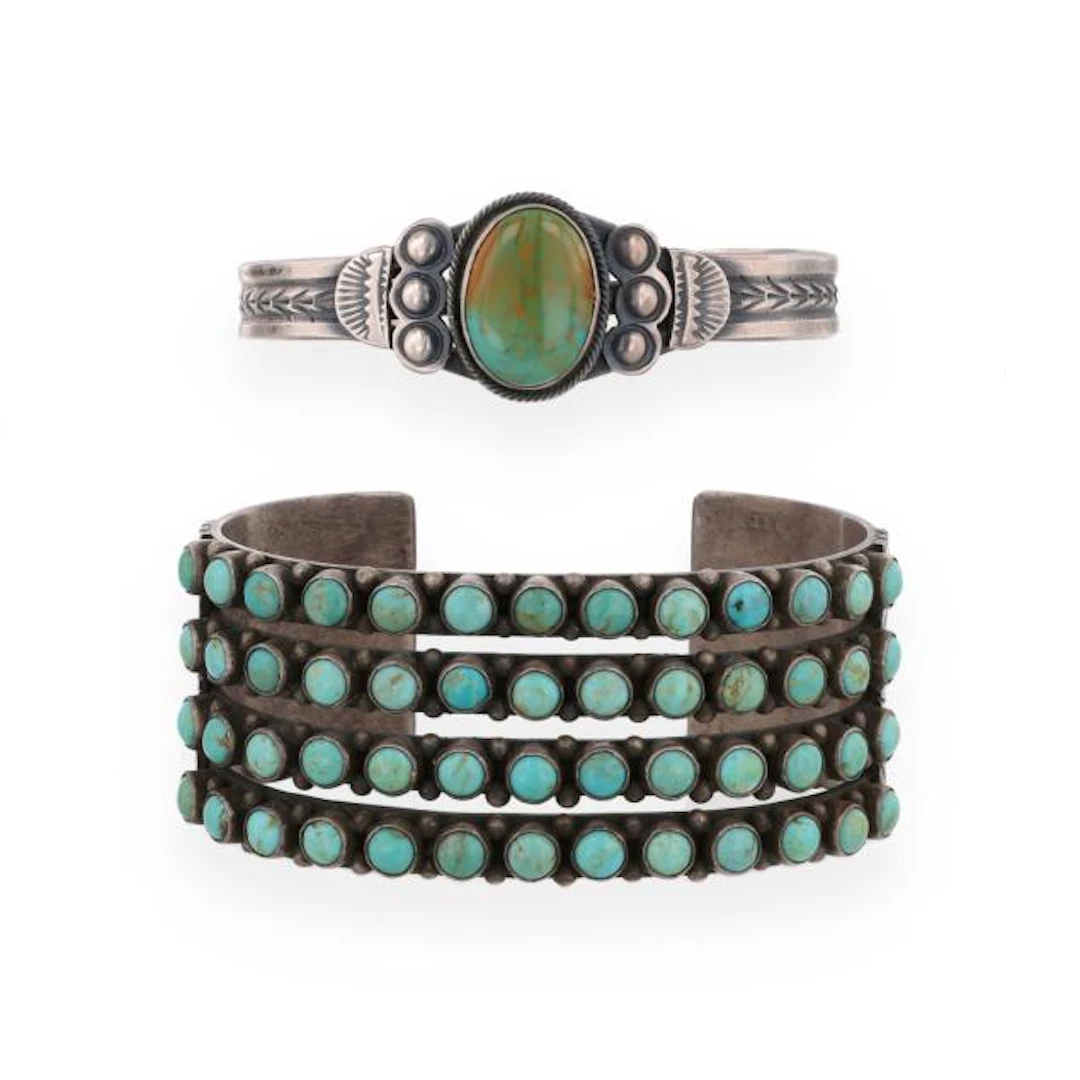 Two Southwestern Silver and Turquoise Cuff Bracelets, Signed