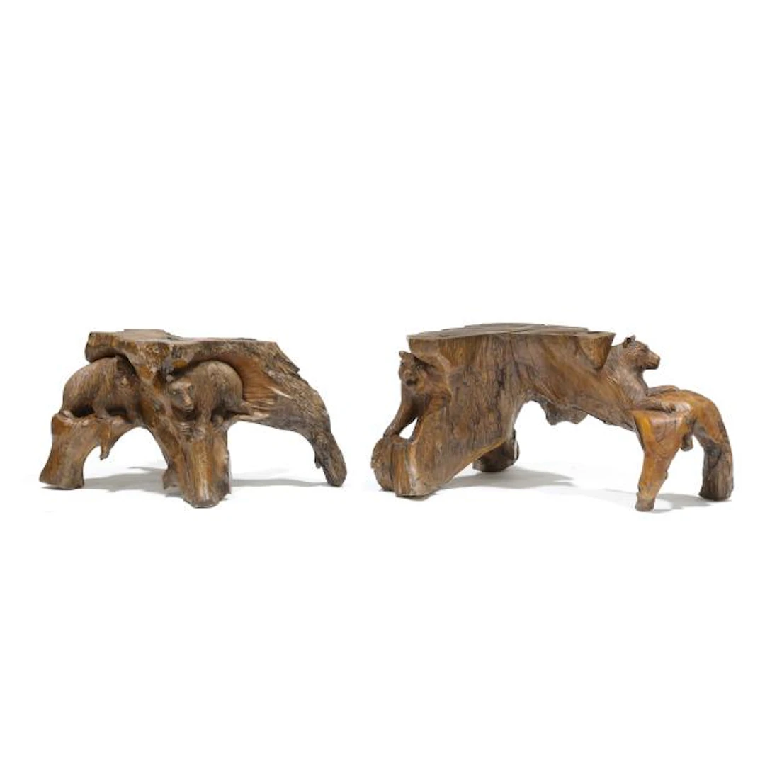 Two Black Forest Style Root Wood Pedestals with Carved Bears