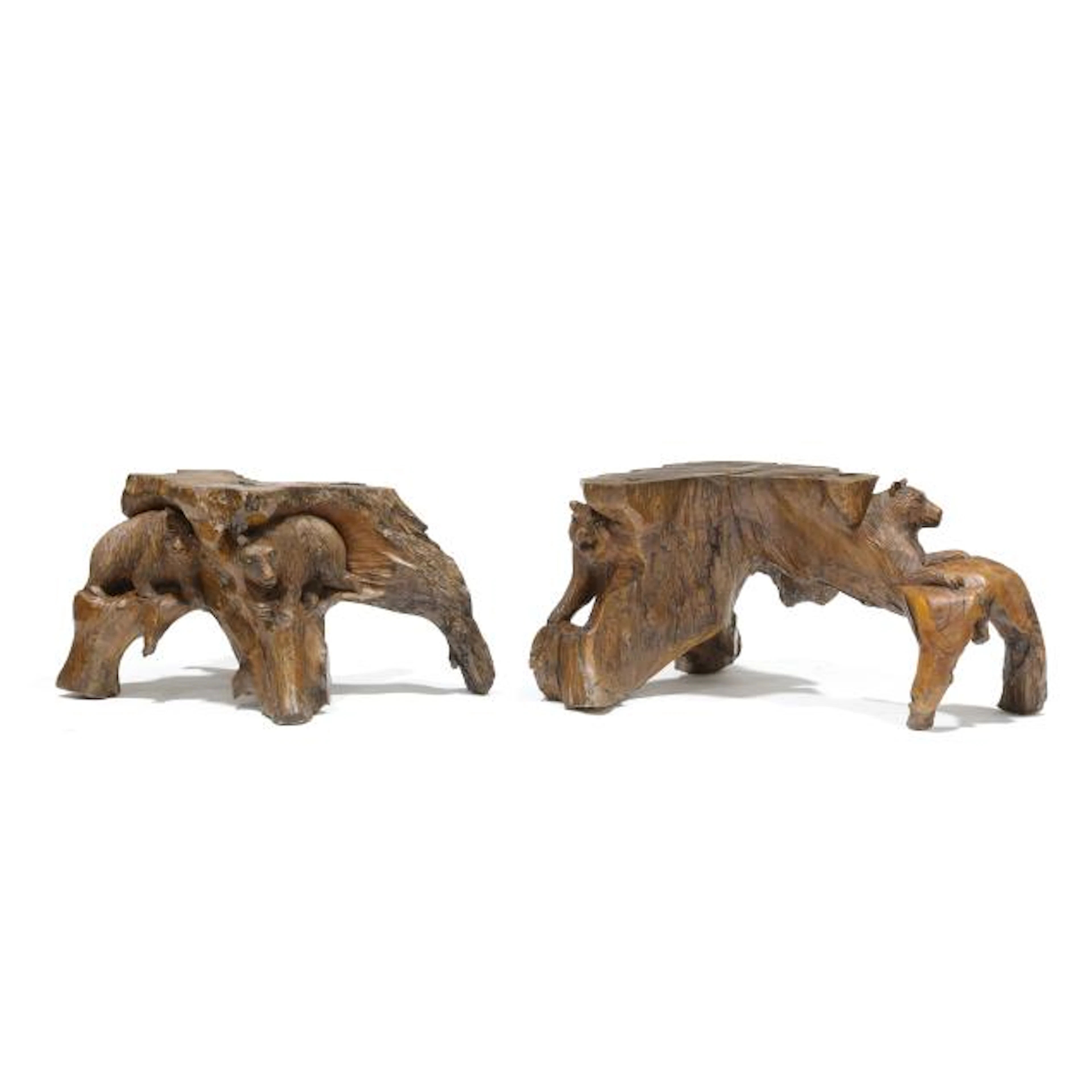 Two Black Forest Style Root Wood Pedestals with Carved Bears
