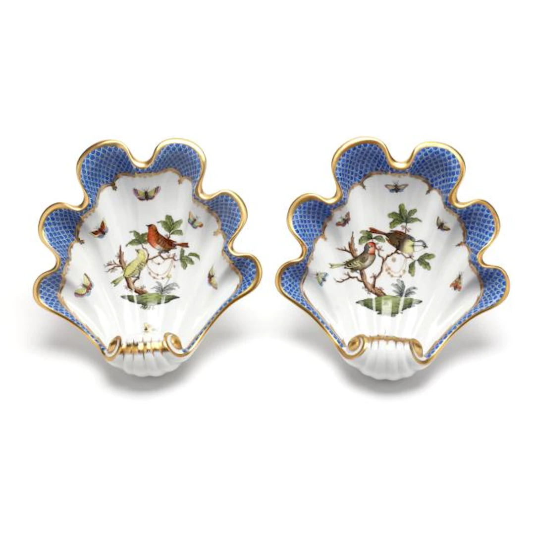 A Pair of Herend Rothschild Bird Blue Border Shell Form Dishes