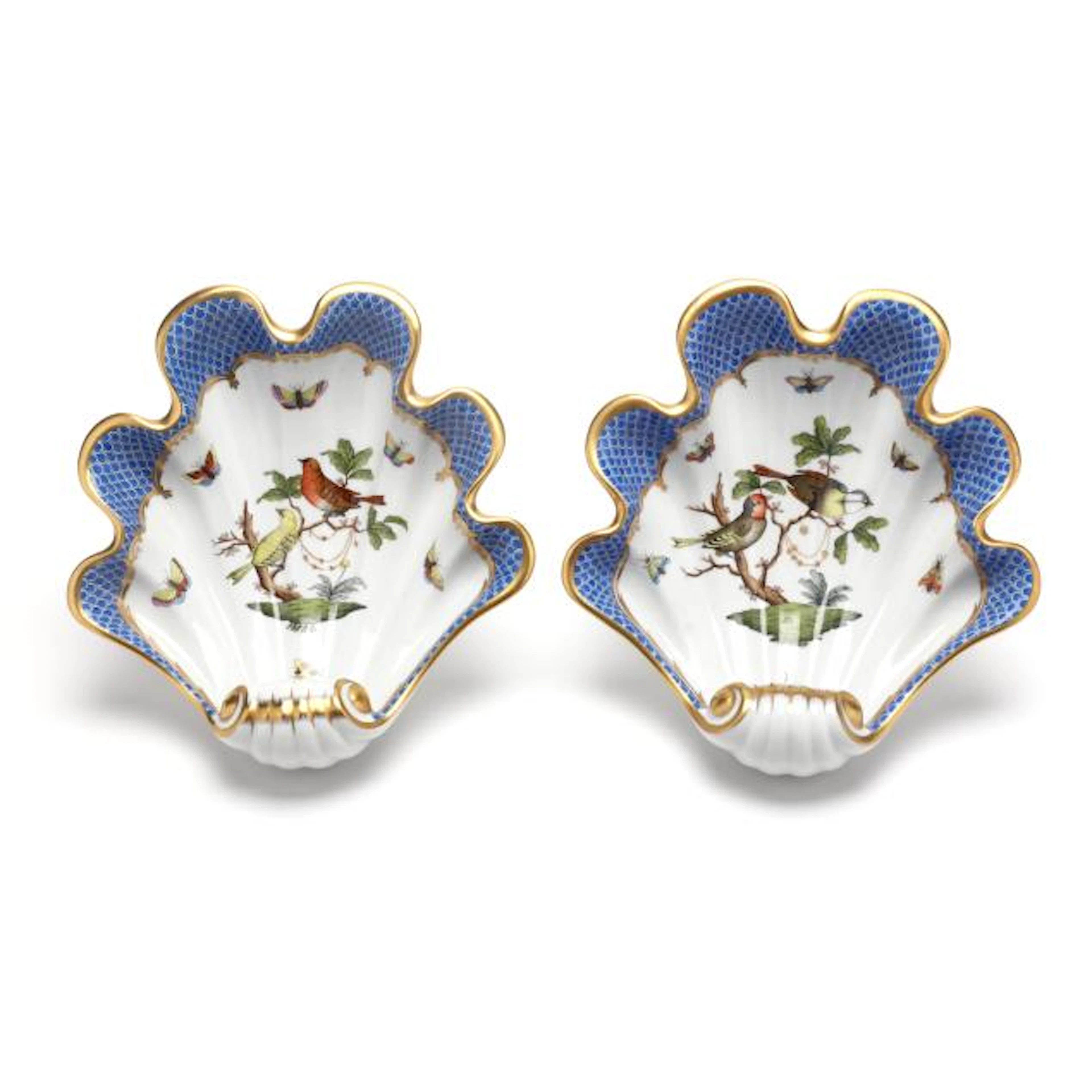 A Pair of Herend Rothschild Bird Blue Border Shell Form Dishes