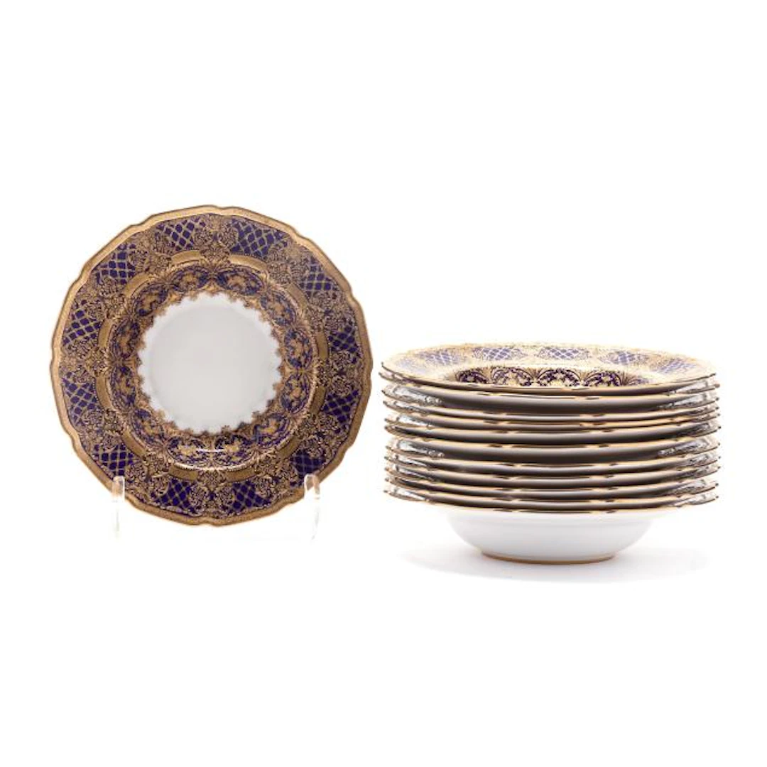 Twelve Royal Doulton for Tiffany & Company Cobalt and Gilt Encrusted Soup Bowls