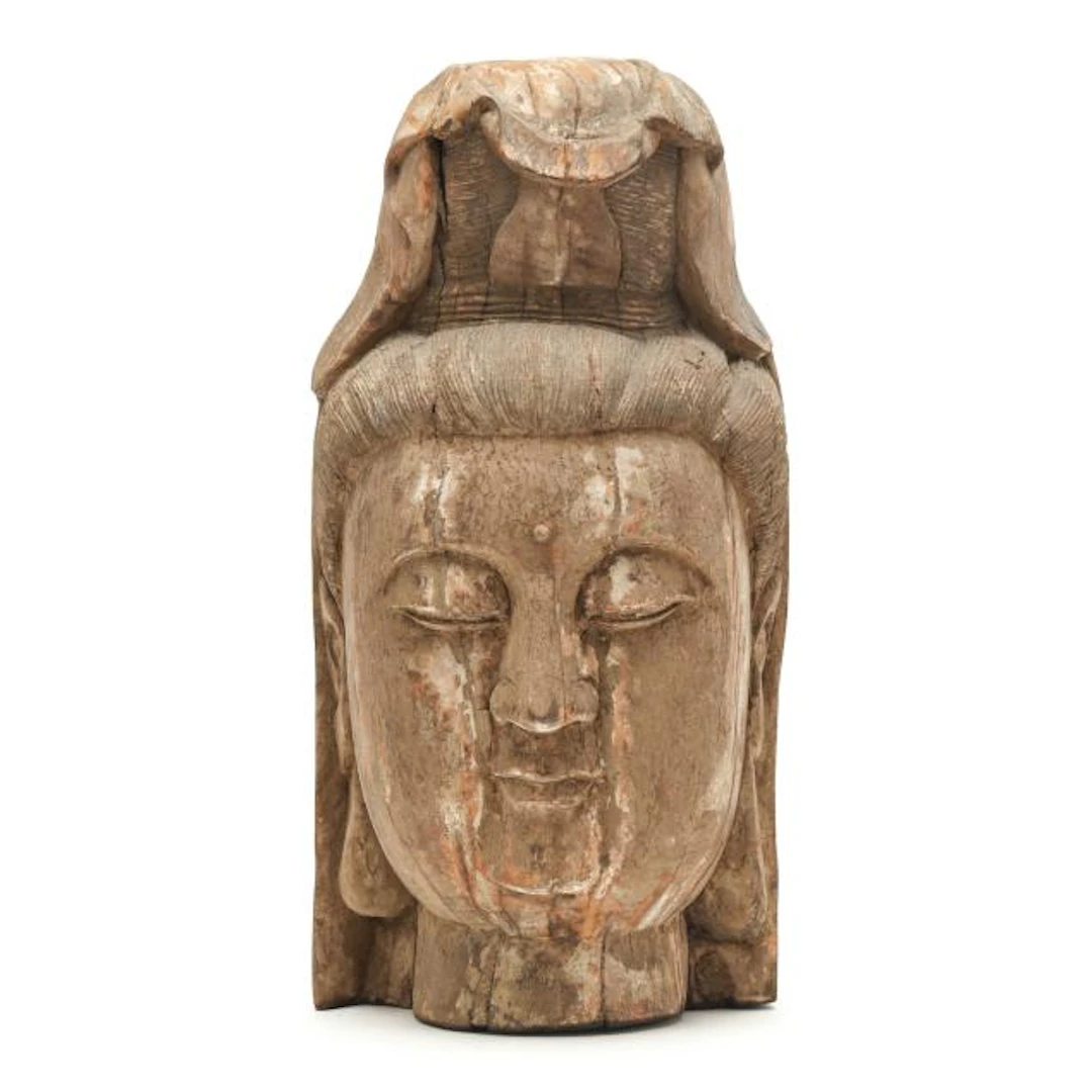 An Impressive Chinese Carved Wood Painted Head of Guanyin