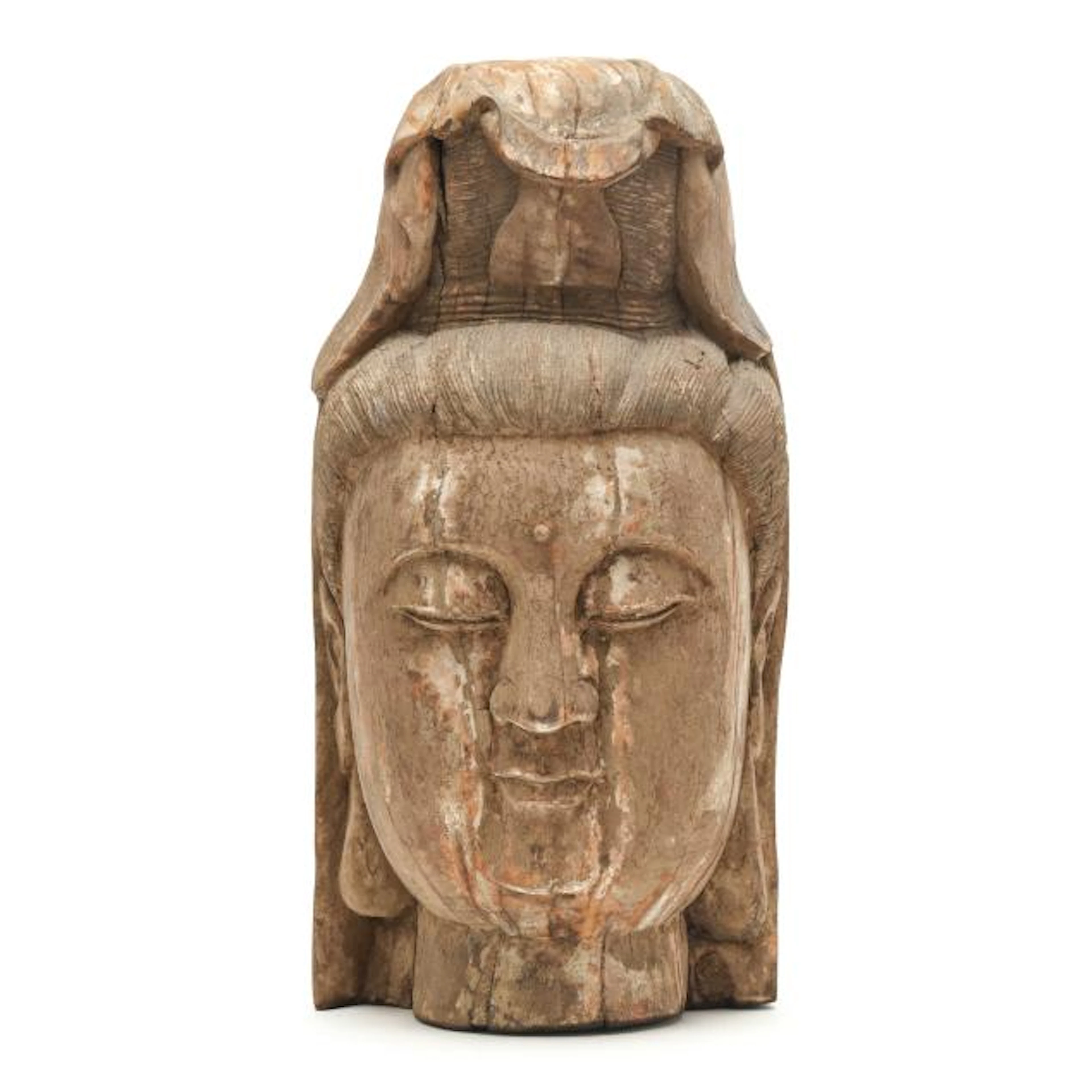 An Impressive Chinese Carved Wood Painted Head of Guanyin