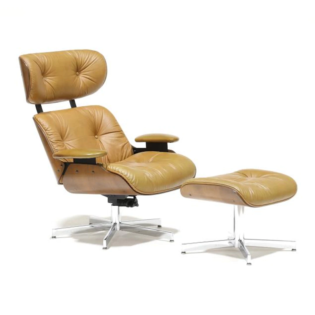Selig, Brown Leather and Walnut Lounge Chair and Ottoman