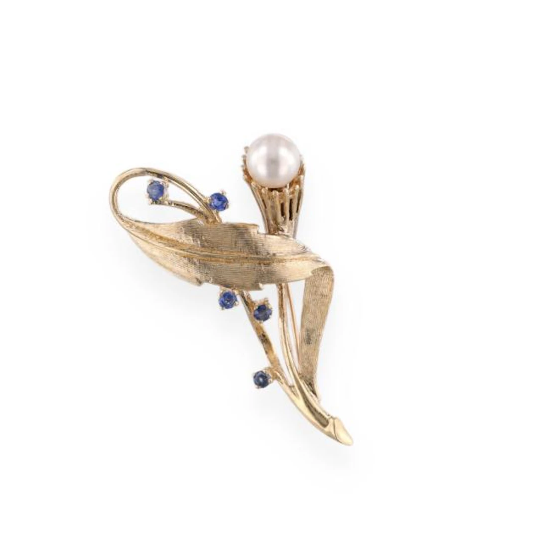 Gold, Sapphire, and Pearl Foliate Motif Brooch