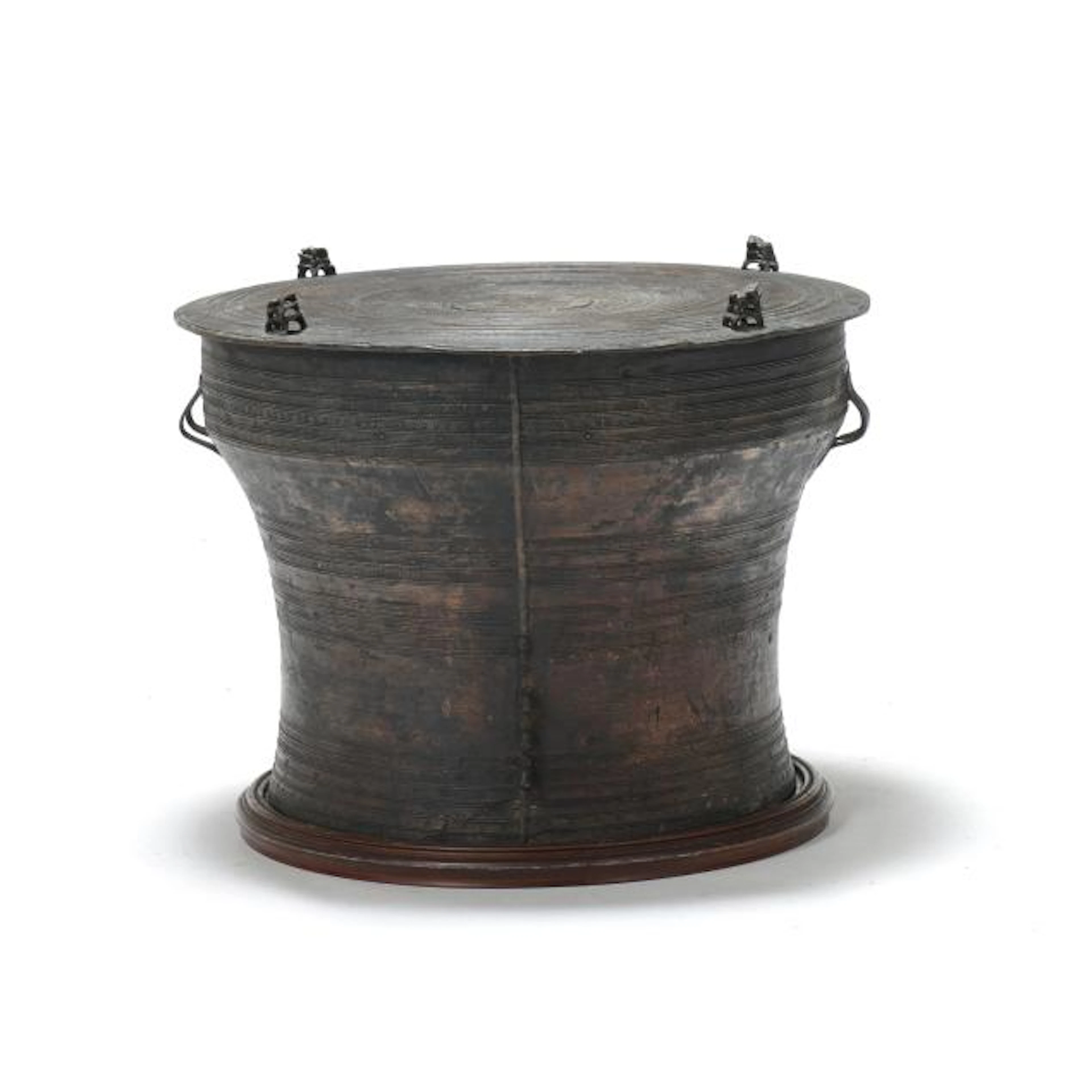 A Burmese Bronze Karen Frog or Rain Drum with Stand