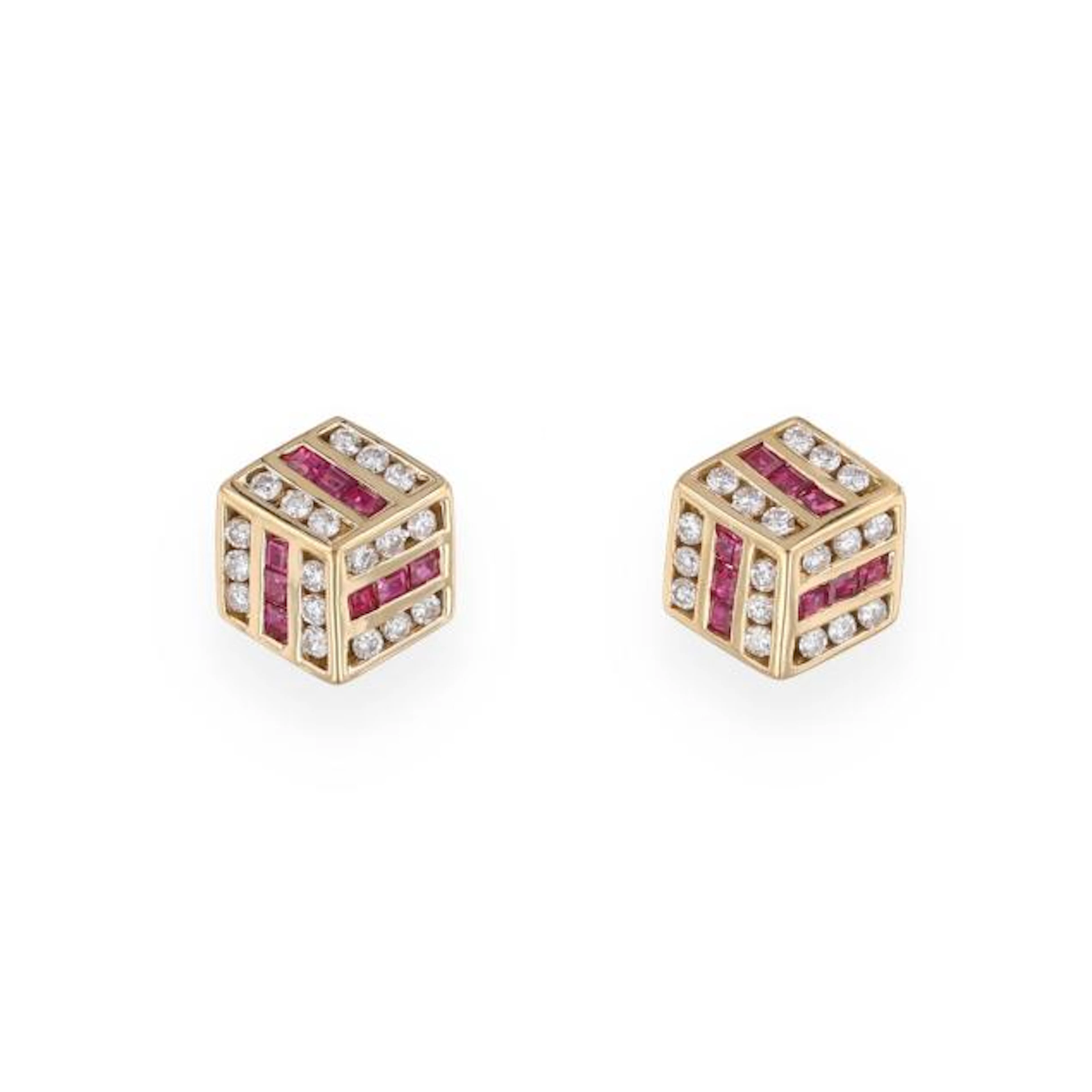 Gold, Diamond, and Ruby Cube Motif Earrings
