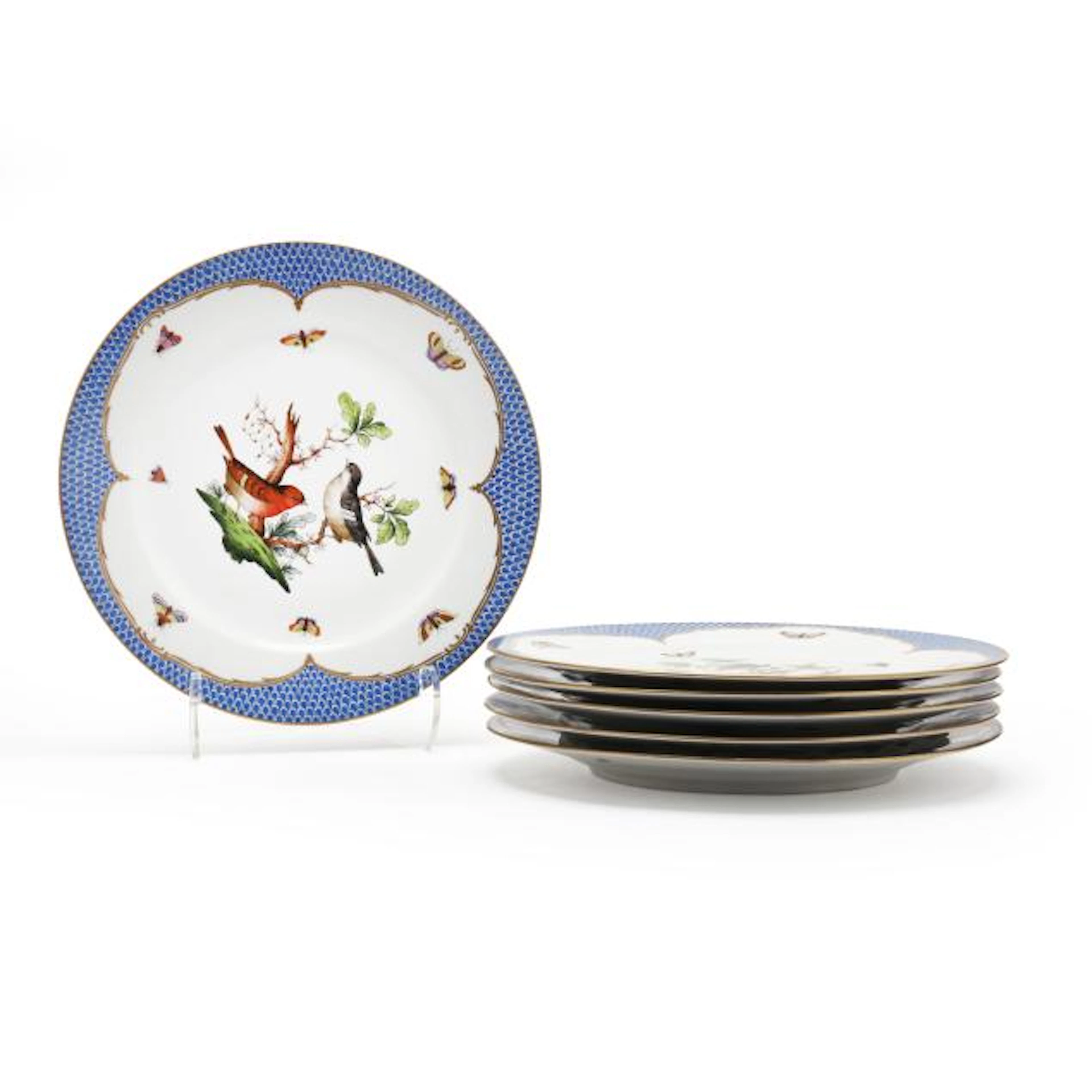 Set of Six Herend Rothschild Bird Blue Border Chargers