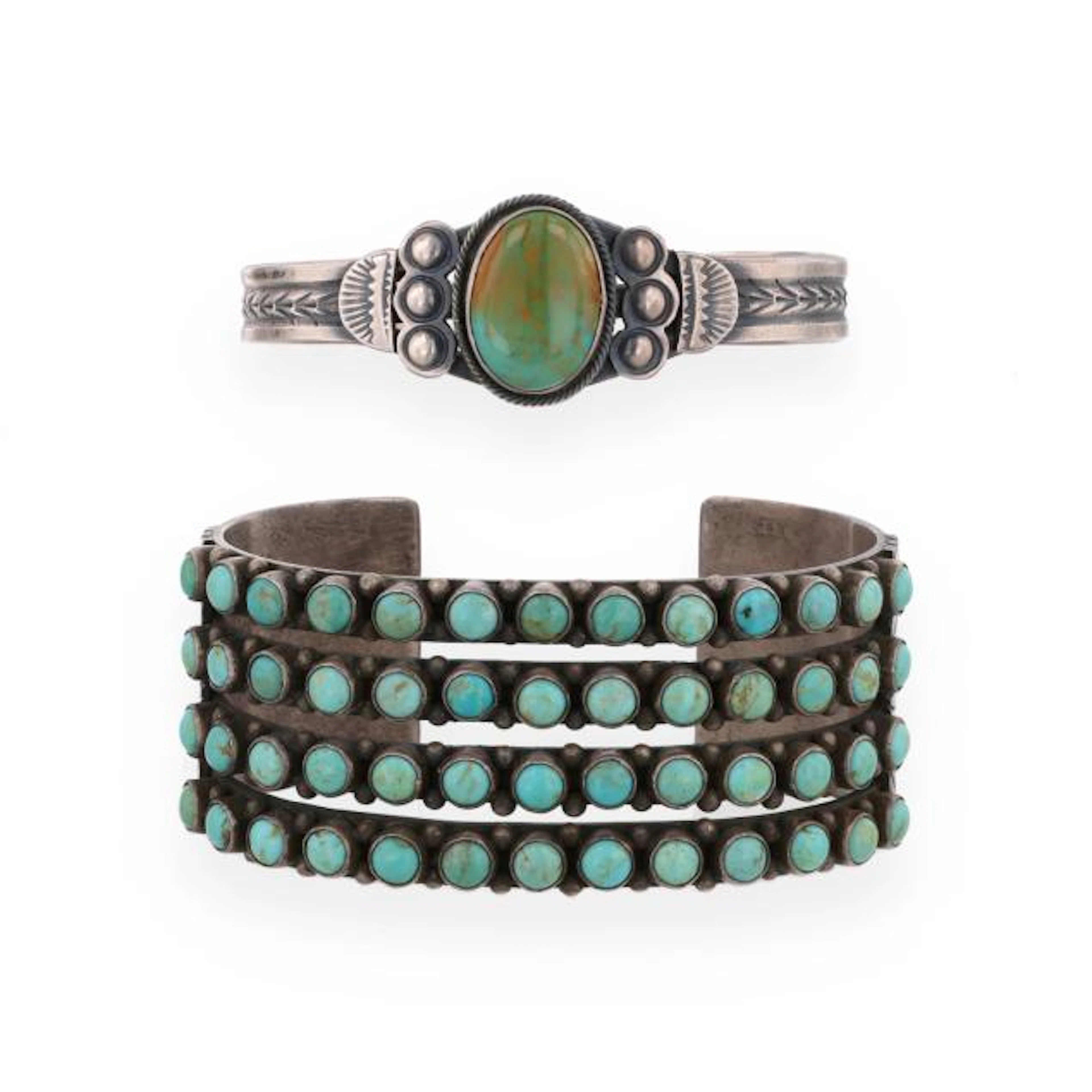 Two Southwestern Silver and Turquoise Cuff Bracelets, Signed