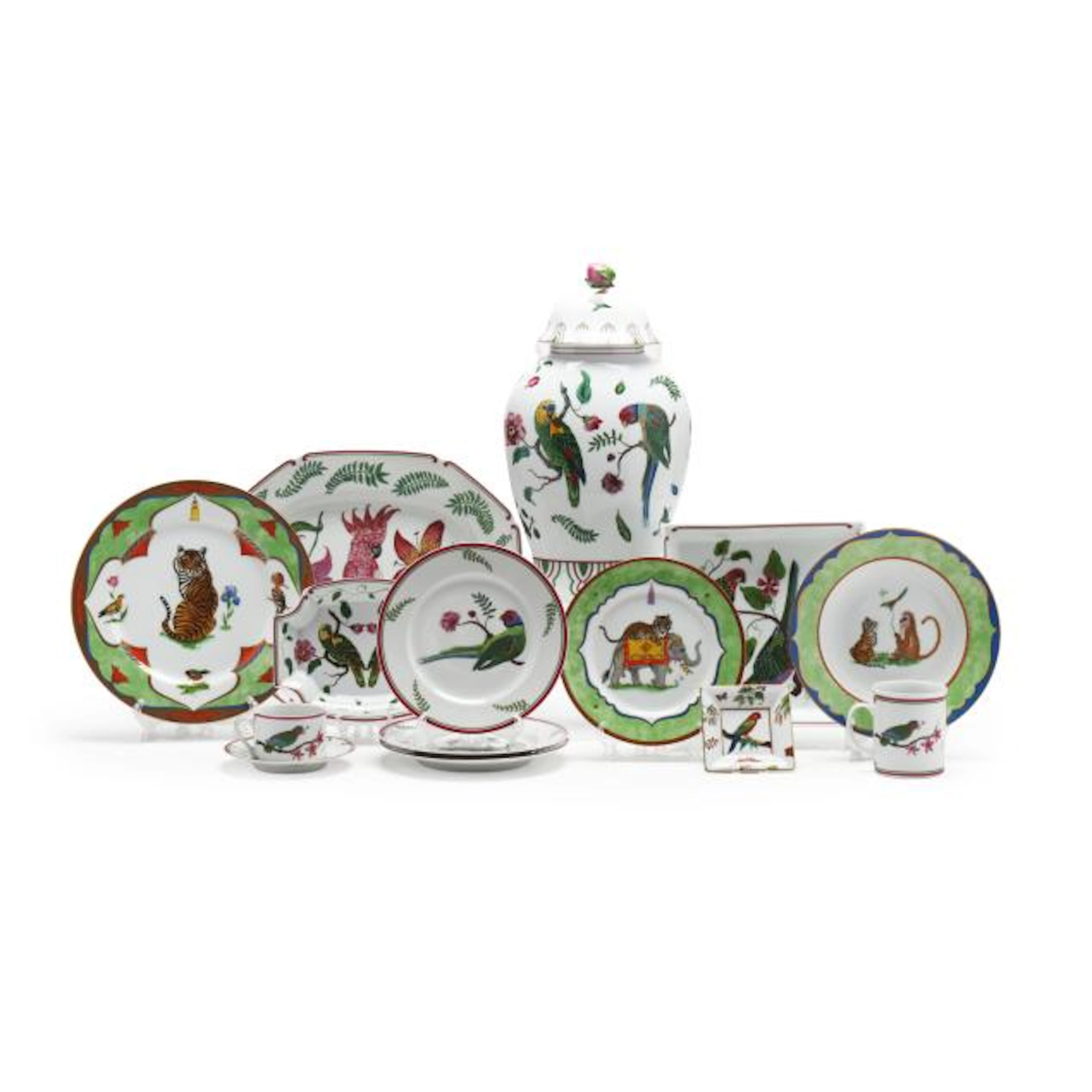 Collection of Lynn Chase Designs Tableware, Parrots of Paradise and Tiger Raj