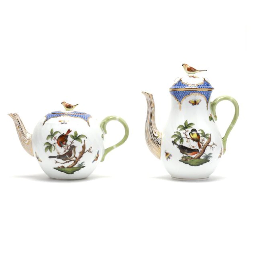 Herend Rothschild Bird Blue Border Coffee and Tea Pots